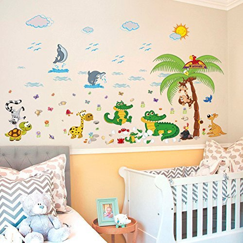 JAAMSO ROYALS Multicolor Decorative Zoo Animal Kids Tree Design Vinyl Self Adhesive Peel and Stick Home Decor Wall Sticker (90CM X 60CM)