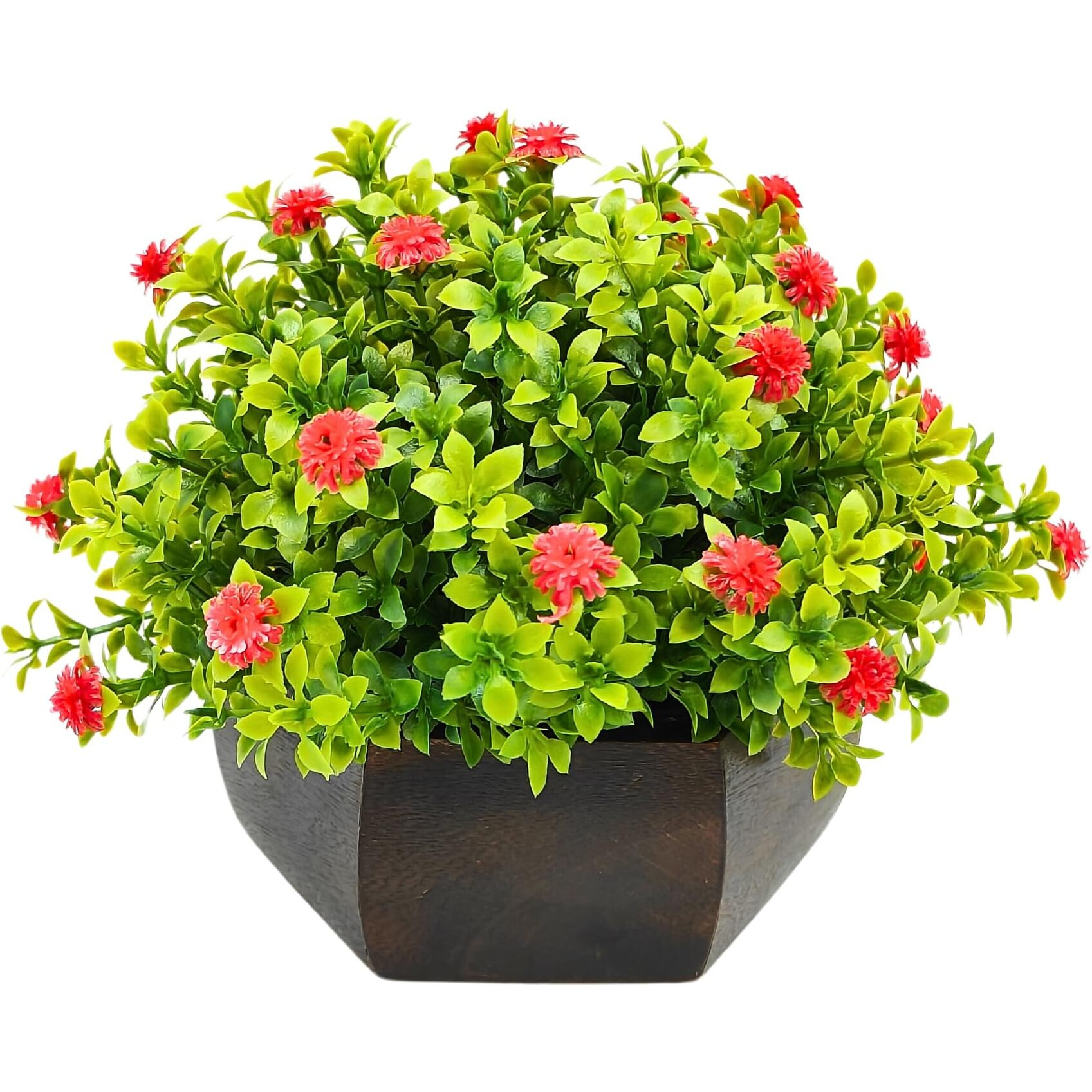 fancymart Artificial Flower Leaves in Wood Hexagon Pot - Red - 14cm Height - Home & Office Decor Elegant Potted Plant for Tabletop Enhancement