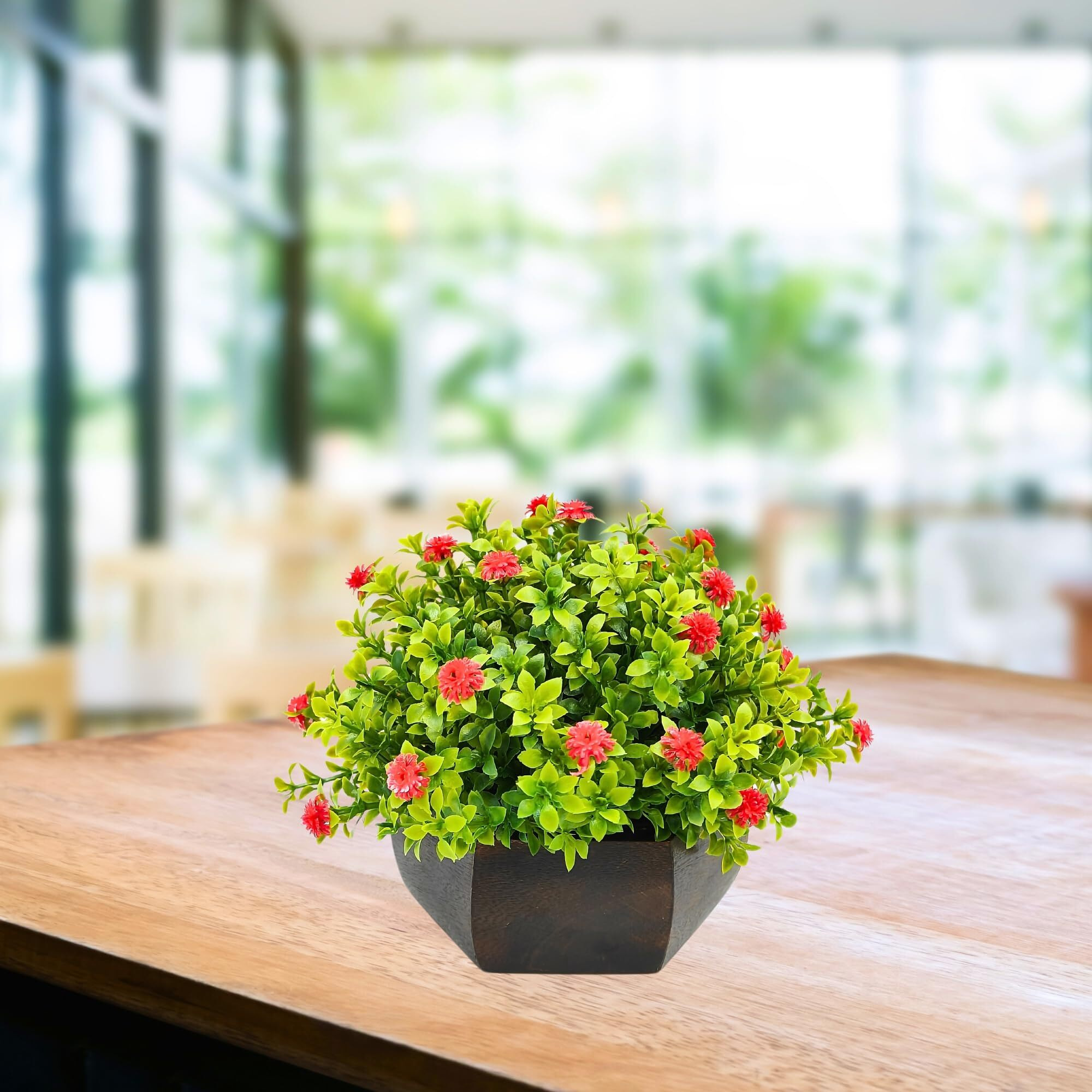 fancymart Artificial Flower Leaves in Wood Hexagon Pot - Red - 14cm Height - Home & Office Decor Elegant Potted Plant for Tabletop Enhancement