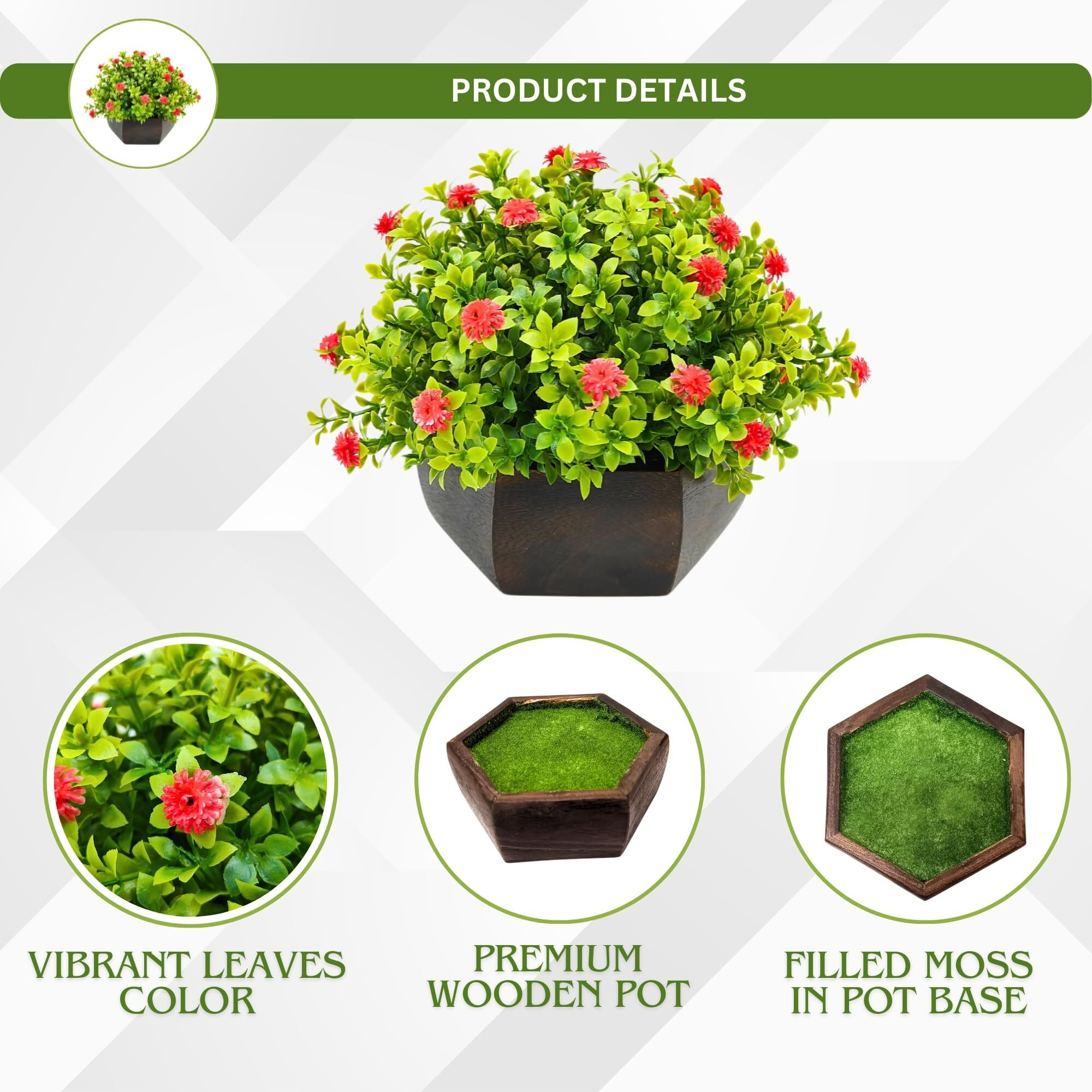 fancymart Artificial Flower Leaves in Wood Hexagon Pot - Red - 14cm Height - Home & Office Decor Elegant Potted Plant for Tabletop Enhancement