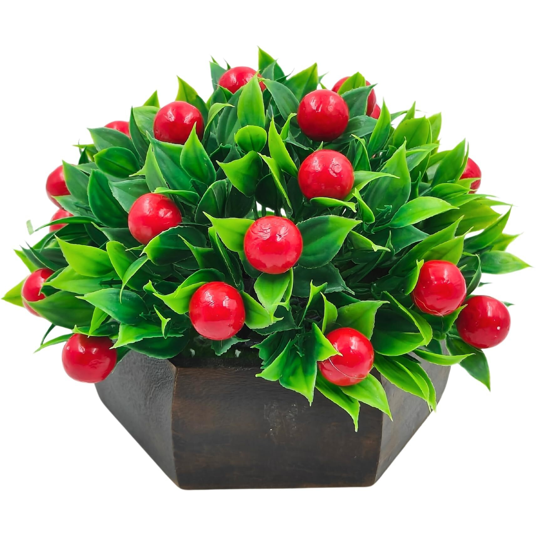 fancymart Artificial Fruit Cherry in Wood Hexagon Pot - 15cm Height - Home & Office Decor Elegant Potted Plant for Tabletop Enhancement