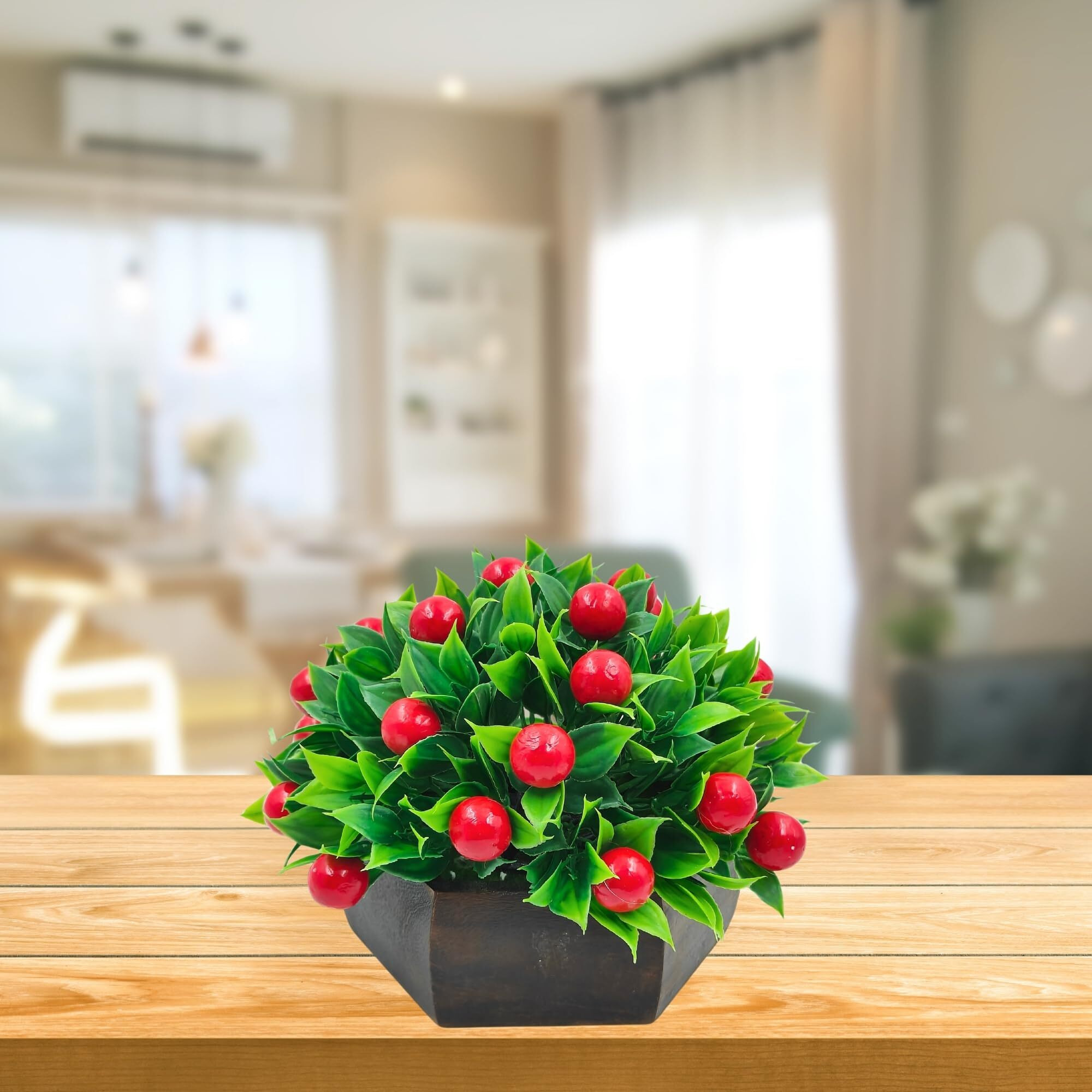 fancymart Artificial Fruit Cherry in Wood Hexagon Pot - 15cm Height - Home & Office Decor Elegant Potted Plant for Tabletop Enhancement