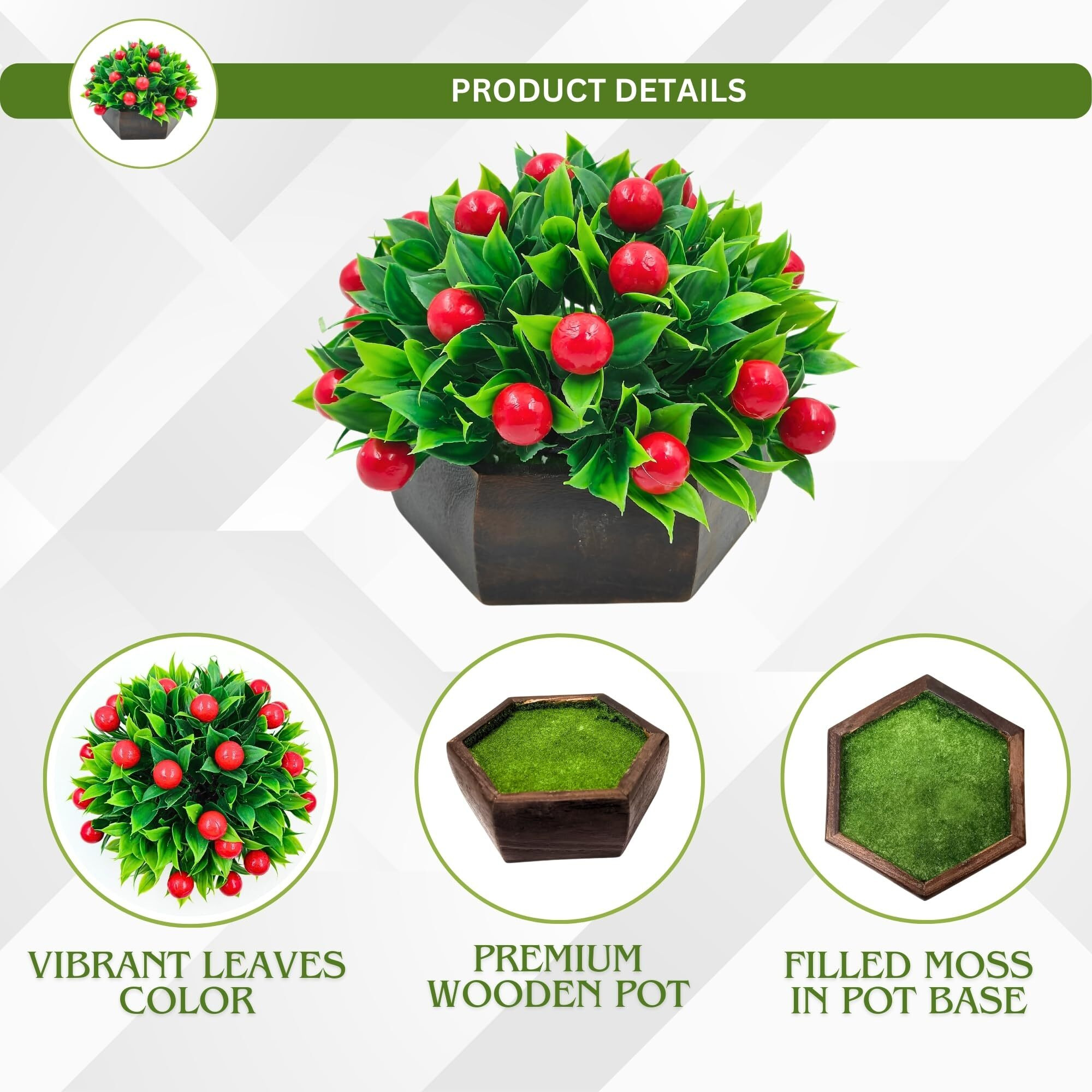 fancymart Artificial Fruit Cherry in Wood Hexagon Pot - 15cm Height - Home & Office Decor Elegant Potted Plant for Tabletop Enhancement