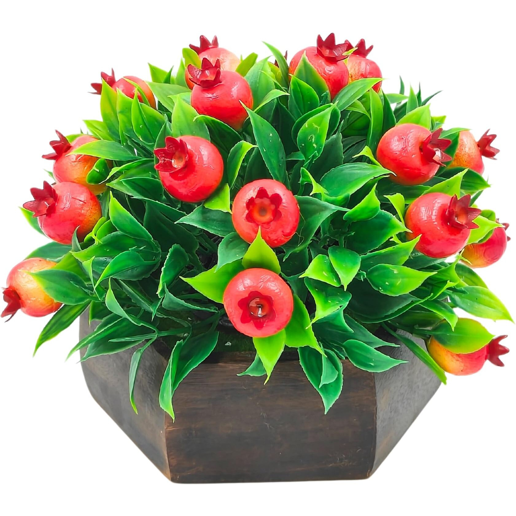 fancymart Artificial Fruit Pomegranate in Wood Hexagon Pot - 15cm Height - Home & Office Decor Elegant Potted Plant for Tabletop Enhancement