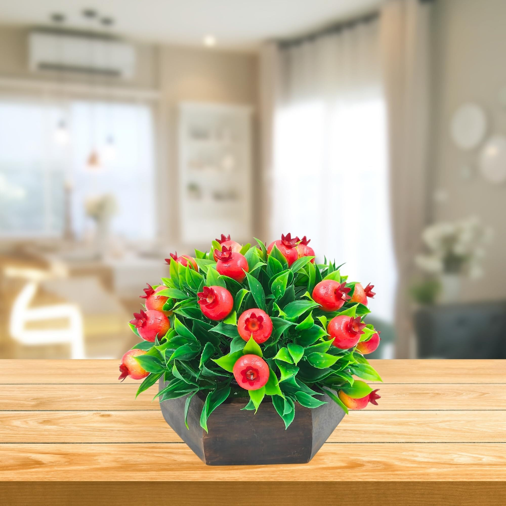fancymart Artificial Fruit Pomegranate in Wood Hexagon Pot - 15cm Height - Home & Office Decor Elegant Potted Plant for Tabletop Enhancement