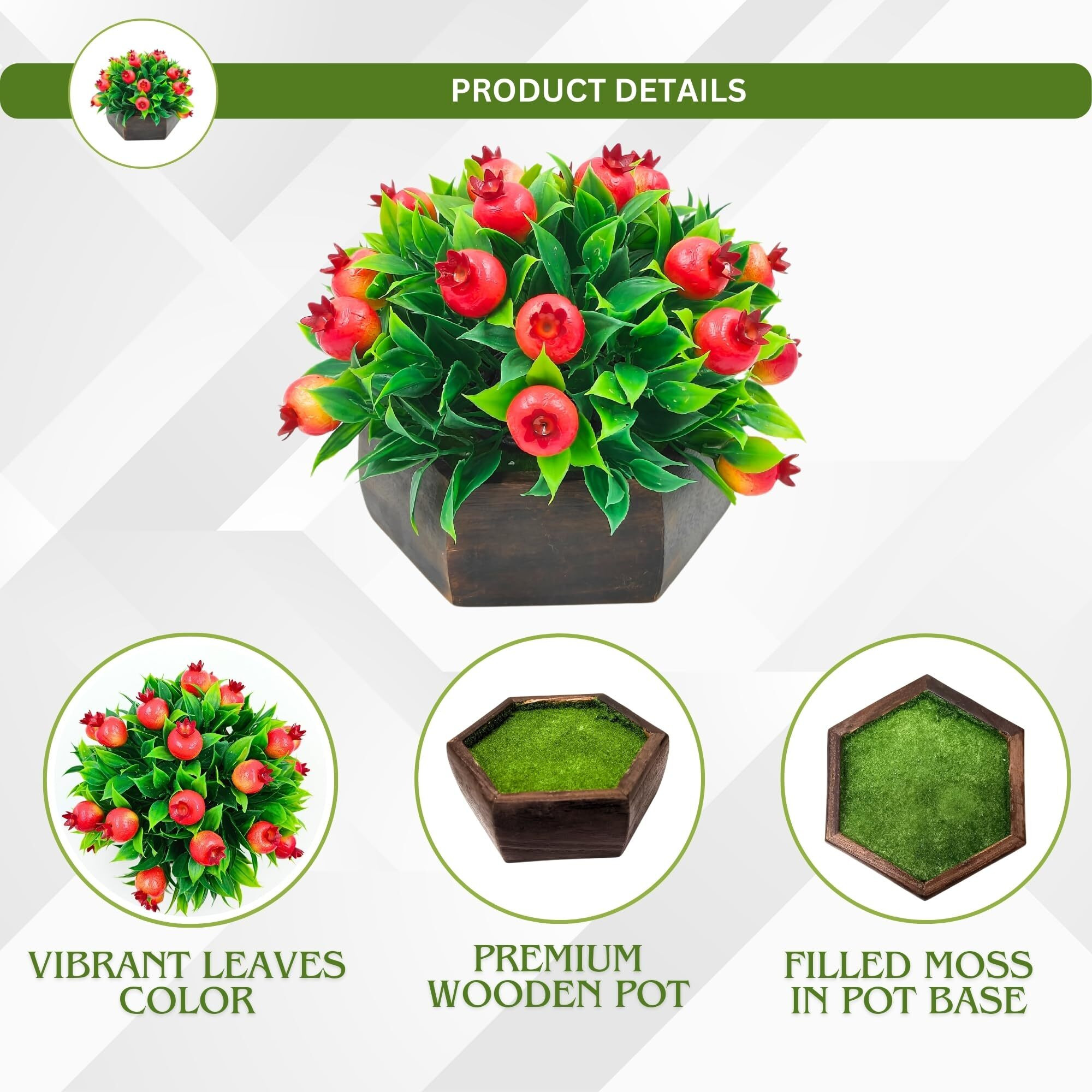 fancymart Artificial Fruit Pomegranate in Wood Hexagon Pot - 15cm Height - Home & Office Decor Elegant Potted Plant for Tabletop Enhancement