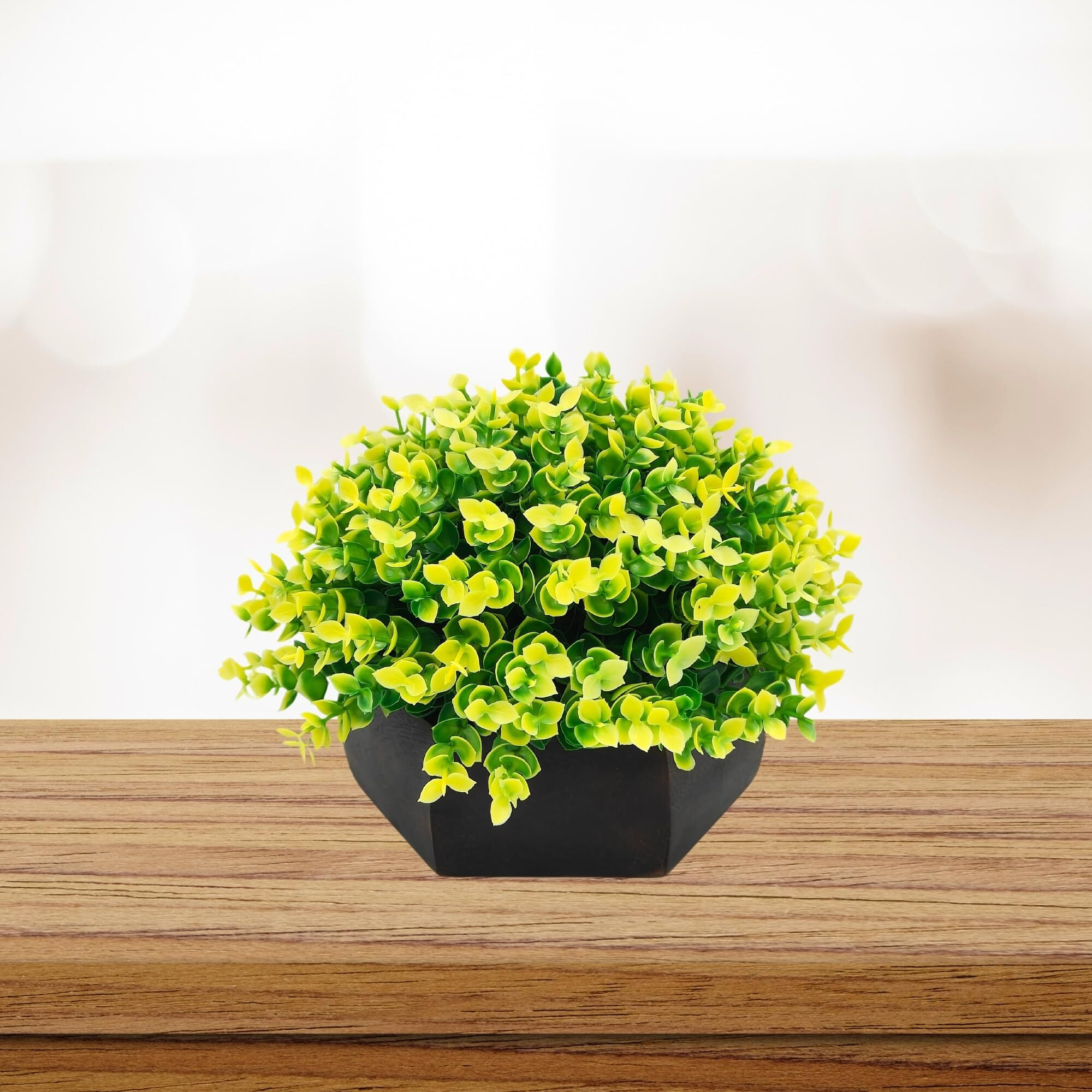 fancymart Artificial Hackleberry Yellow Plant in Wood Hexagon Pot - 15cm Height - Home & Office Decor Elegant Potted Plant for Tabletop Enhancement