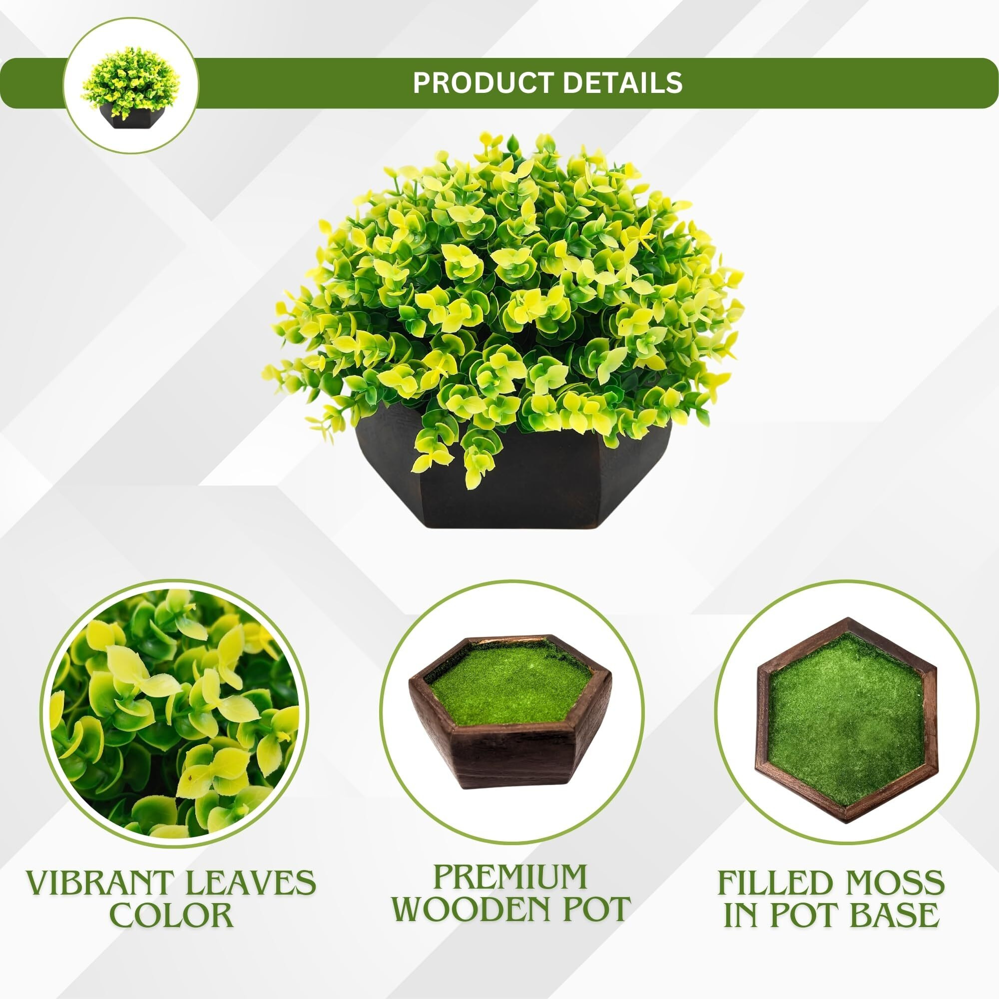 fancymart Artificial Hackleberry Yellow Plant in Wood Hexagon Pot - 15cm Height - Home & Office Decor Elegant Potted Plant for Tabletop Enhancement