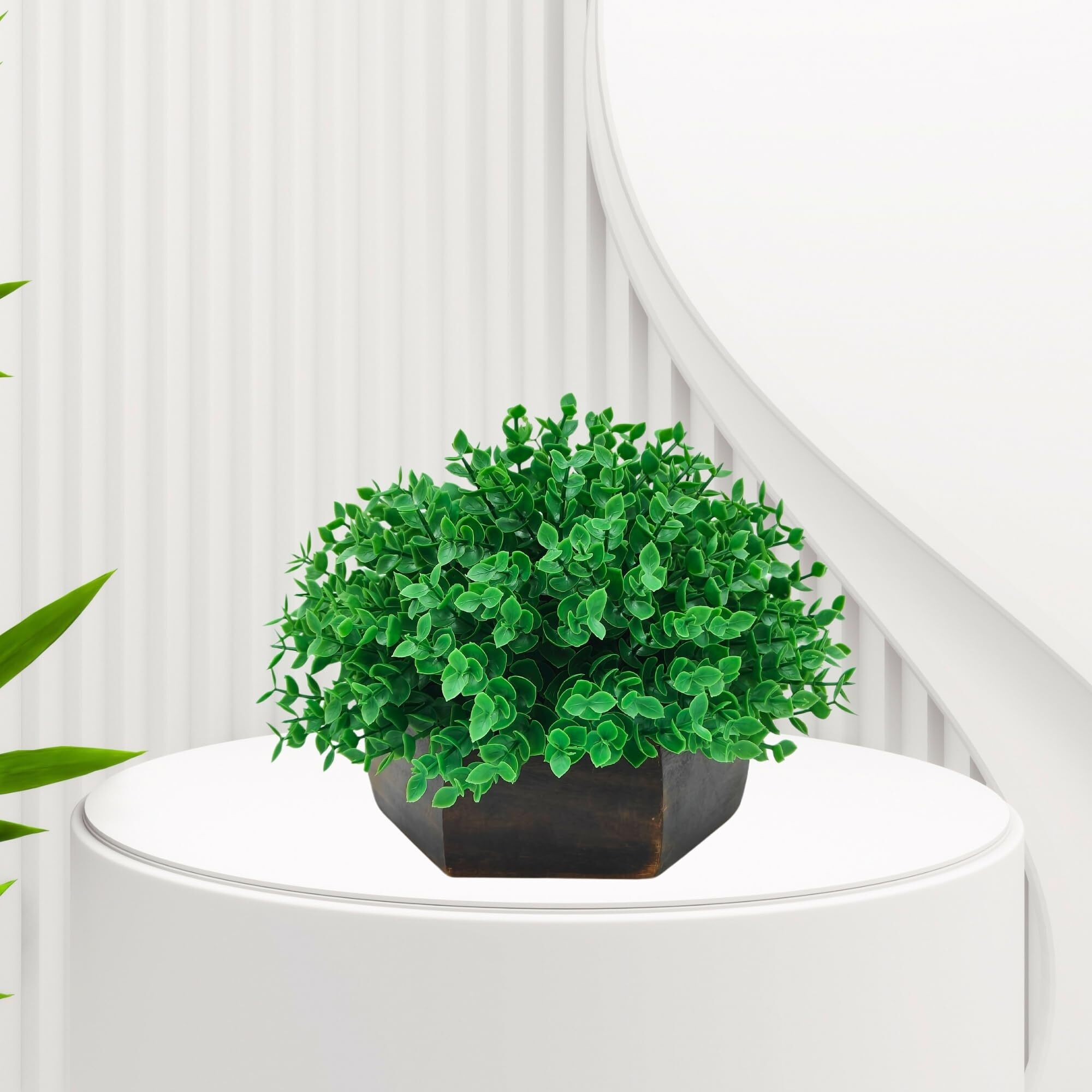 fancymart Artificial Hackleberry Green Plant in Wood Hexagon Pot - 15cm Height - Home & Office Decor Elegant Potted Plant for Tabletop Enhancement
