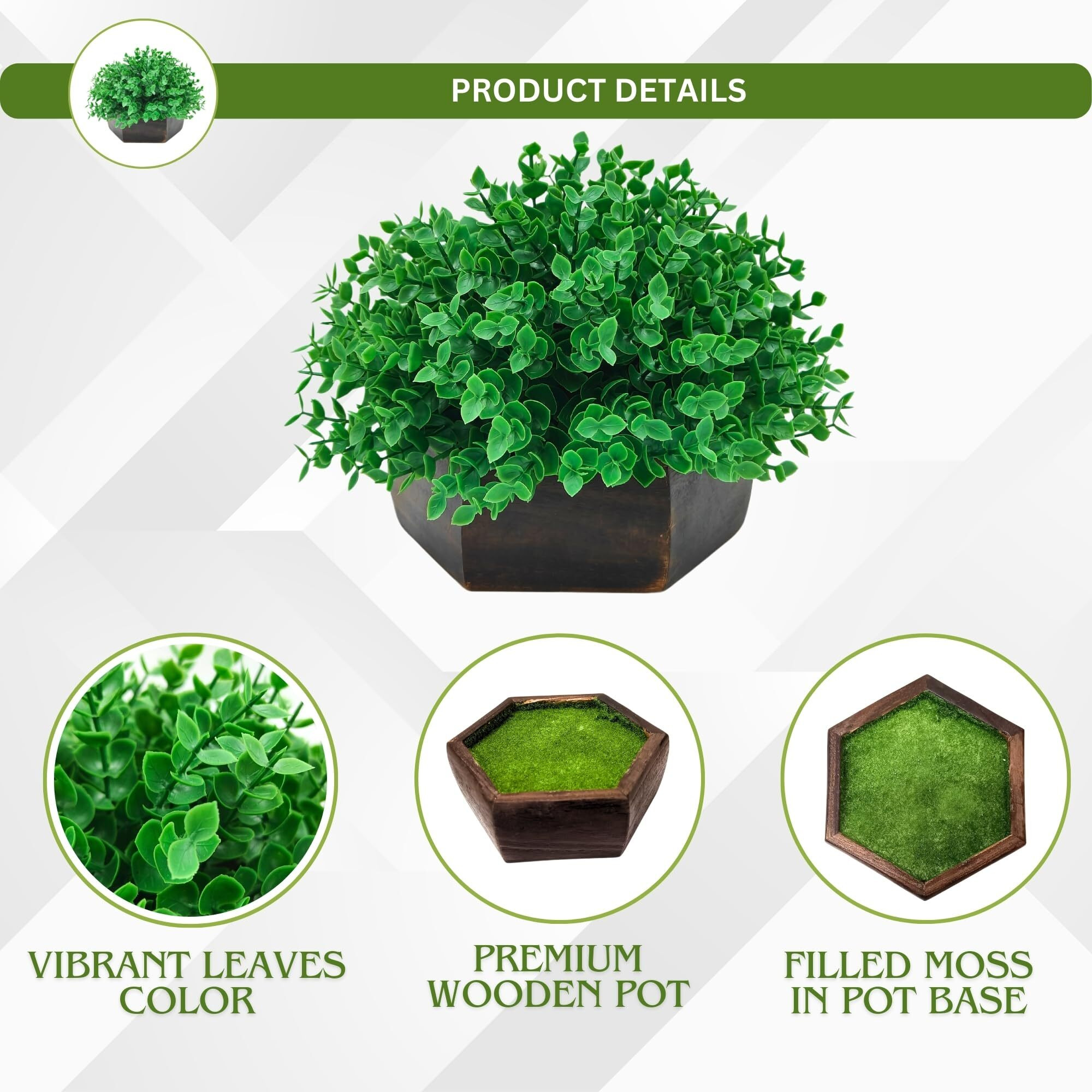fancymart Artificial Hackleberry Green Plant in Wood Hexagon Pot - 15cm Height - Home & Office Decor Elegant Potted Plant for Tabletop Enhancement