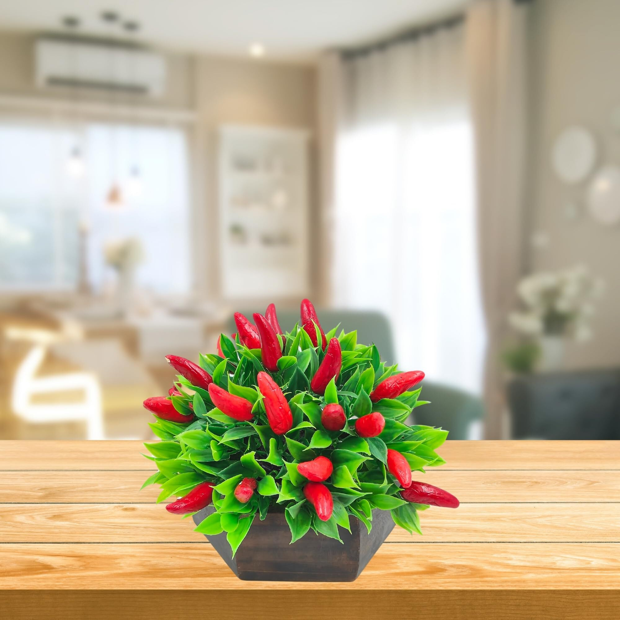fancymart Artificial Plant Chilli in Wood Hexagon Pot - 15cm Height - Home & Office Decor Elegant Potted Plant for Tabletop Enhancement