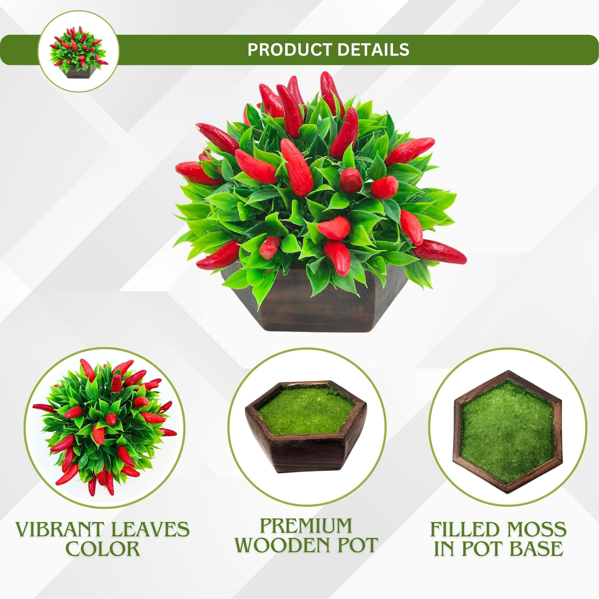 fancymart Artificial Plant Chilli in Wood Hexagon Pot - 15cm Height - Home & Office Decor Elegant Potted Plant for Tabletop Enhancement