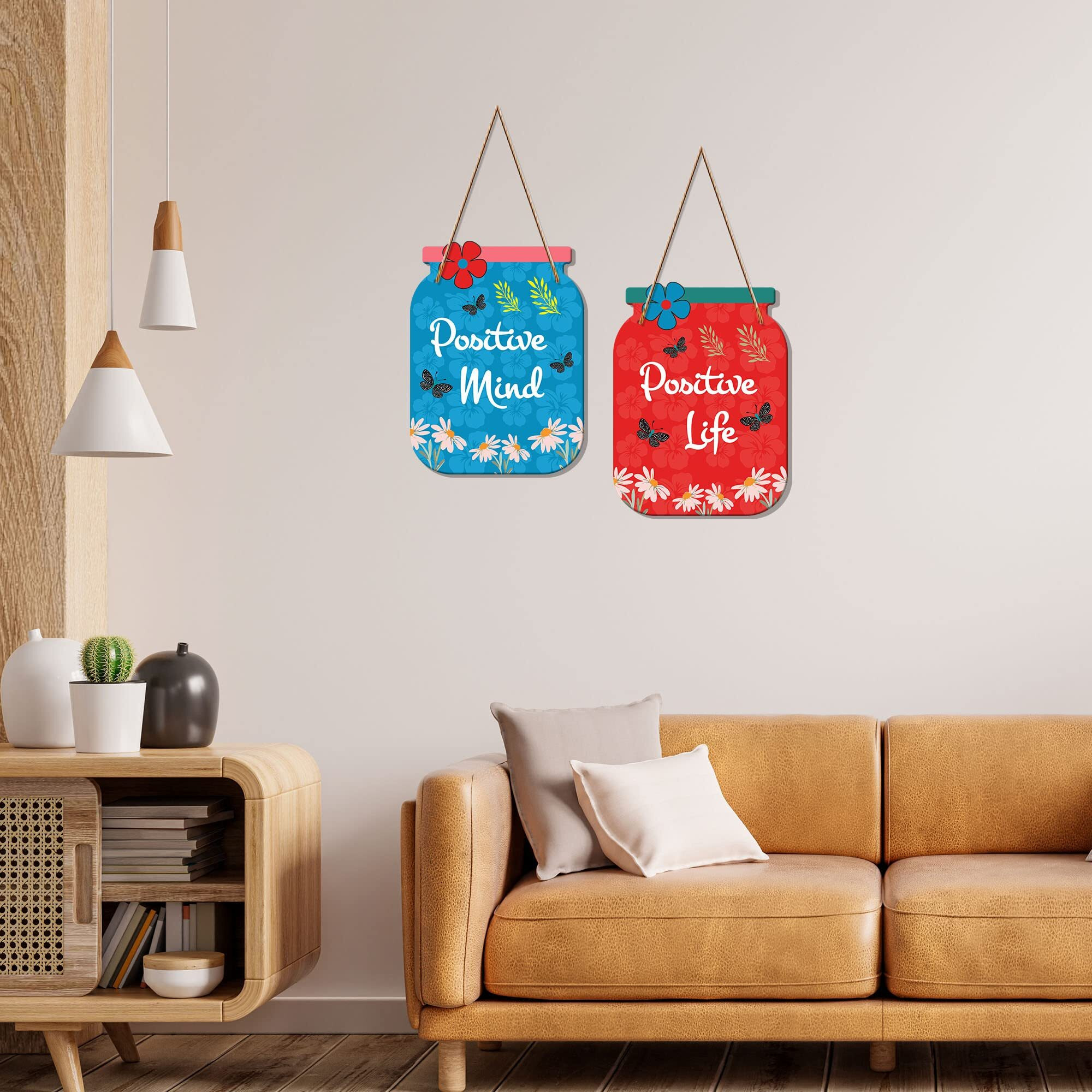 Artvibes Positive Mind Quote Decorative Wall Art MDF Wooden Wall Hanger for Living Room | Bedroom | Office | Gift | Wall Hanging For Home Decoration | Home Decor Items (WH_6812N), Set of 2