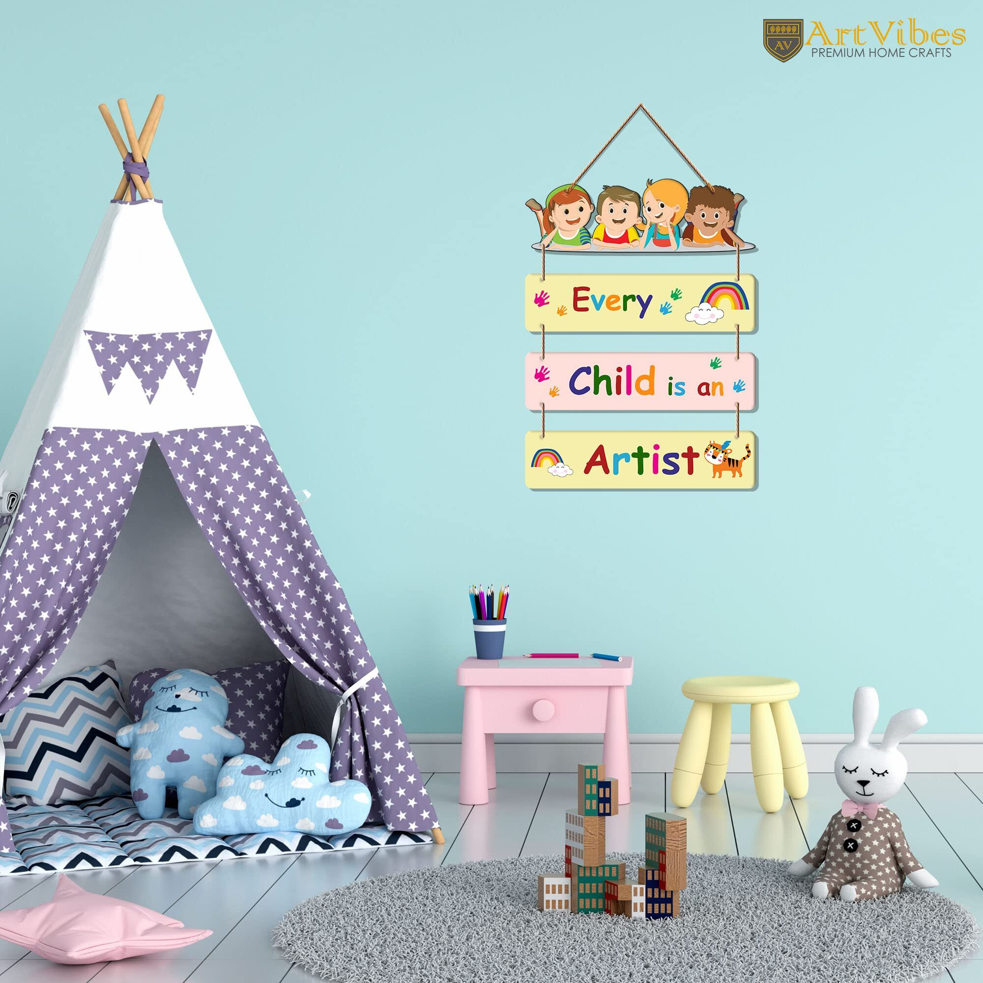 Artvibes Positive Quote Decorative Wall Art Wooden Wall Hanger for Kids Room | Living Room | Bedroom | Gift | Mordern Painting For Home Art Piece For Room Decor (WH_6903N), Set of 4