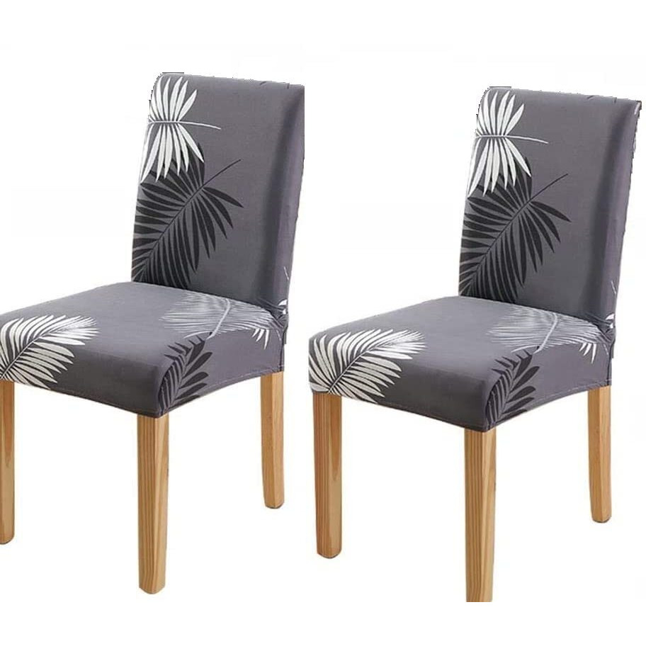 Lukzer 2Pc Polyester Elastic Stretch Removable & Washable Dining Chair Cover Protective Seat Slipcover - Home Decor Chair Protector (Grey Leaves Design / 2 Cover)