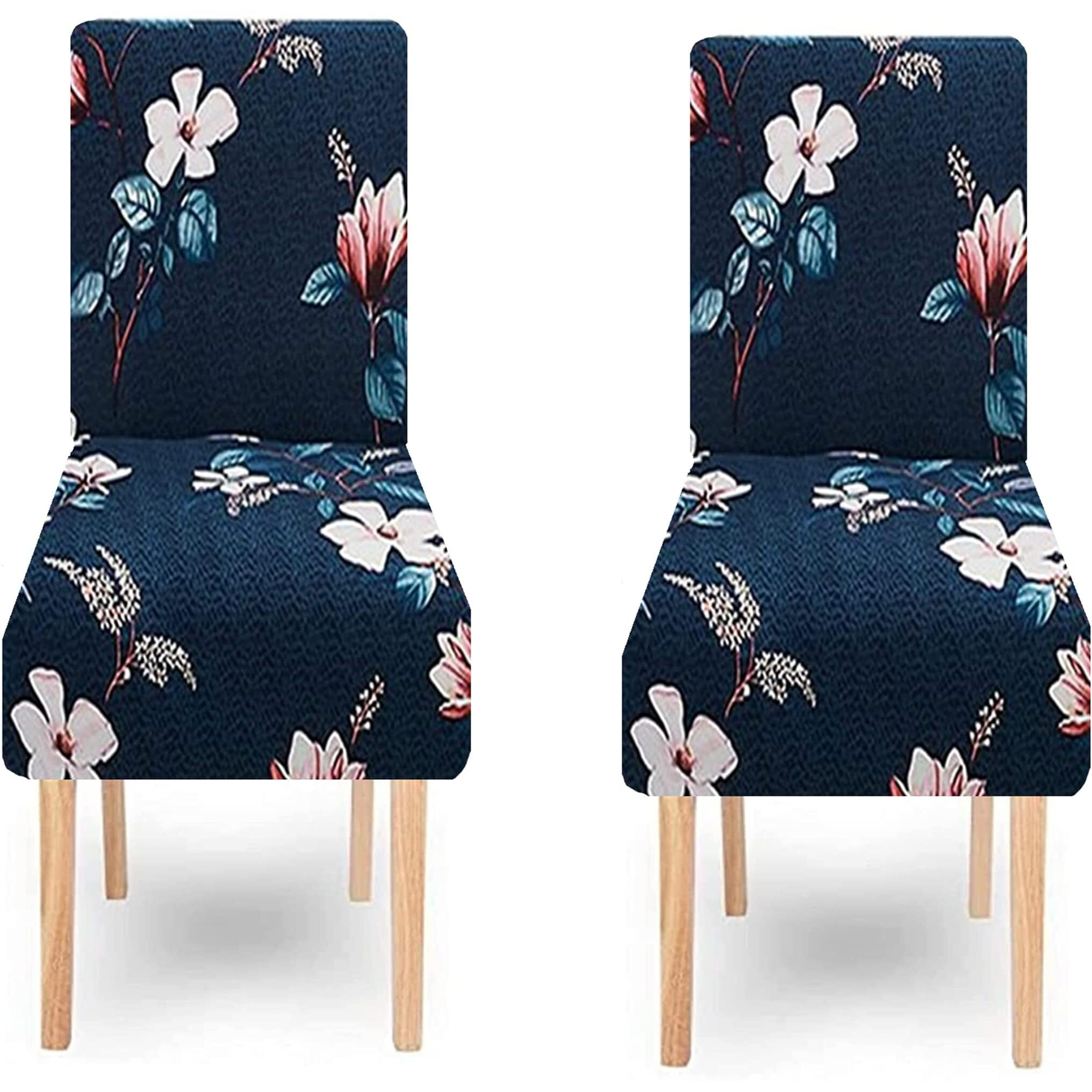 Lukzer Elevate Your Dining Decor 2PC Elastic Stretchable Dining Chair Cover (Navy Blue Flower Design/ 2 Covers Included/Seat Height 45-70cm, Seat Length 38-52cm, Seat Width 3852cm)