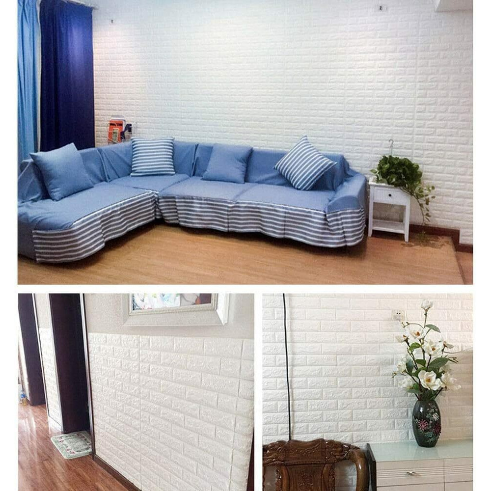 Lukzer 8PC Brick Wallpaper Self- Adhesive 3D Foam Wall Sticker for Living Room Office Home Cafe Hotel Bedroom Balcony Decor (Thickness 8MM, White, 70 X 77 cm)