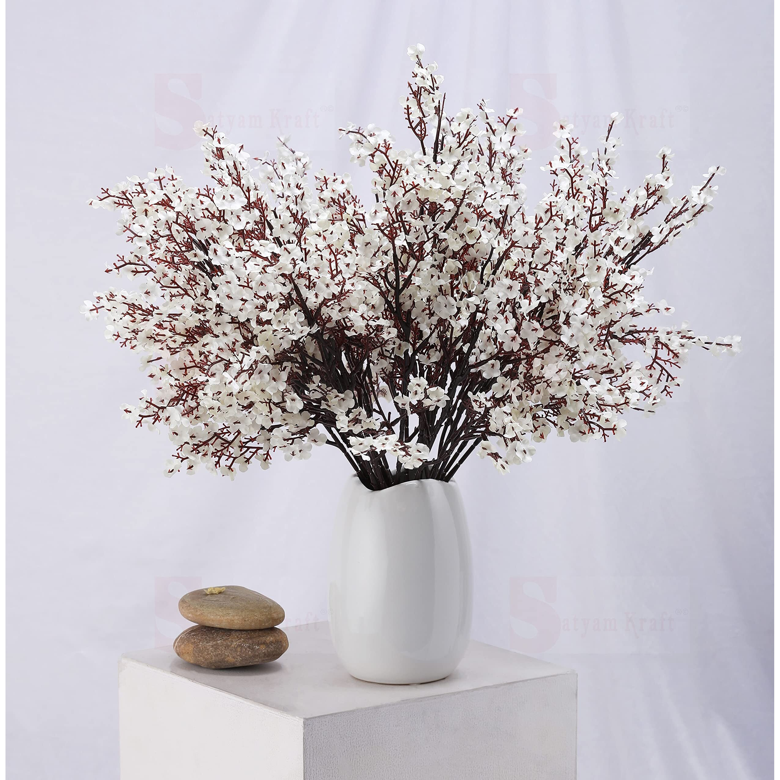 SATYAM KRAFT 5 Pcs Artificial Babys Breath Gypsophila Flowers Sticks decorative items for home Decor Living Room, Anniversary, Rakshabandhan Decoration(without Vase) (White)(fabric)