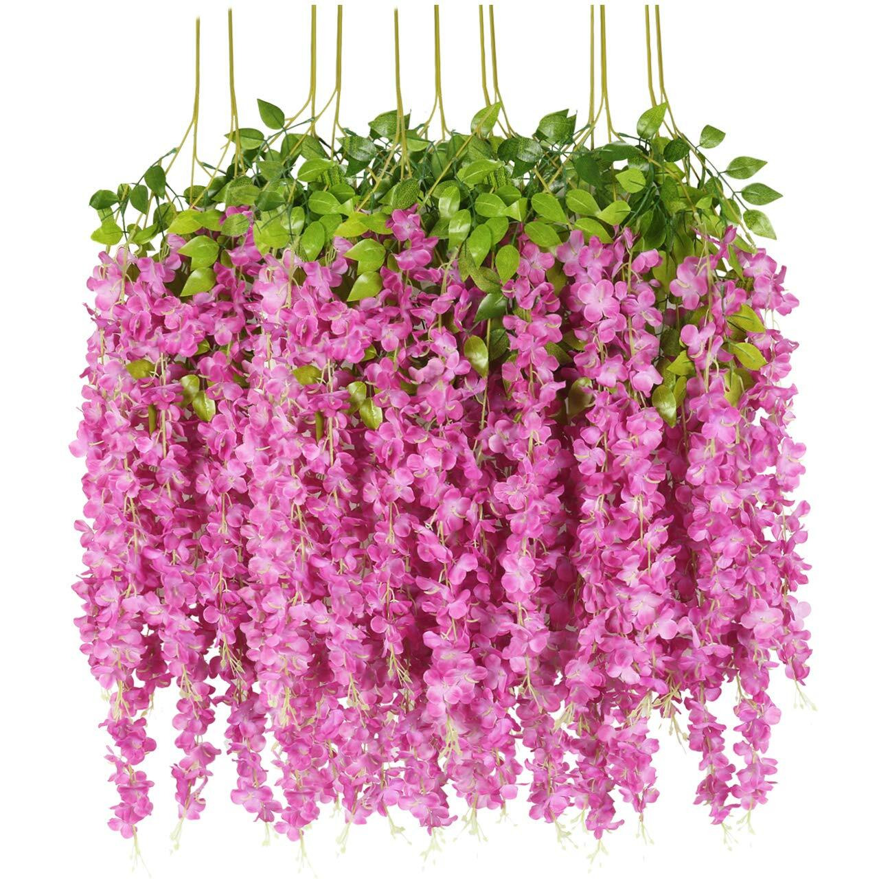 Pauwer 6 Pack 21.6 Feet Artificial Wisteria Vine Ratta Fake Wisteria Hanging Garland Silk Long Hanging Bush Flowers String Home Party Wedding Decor (6 Pack, Fuchsia)