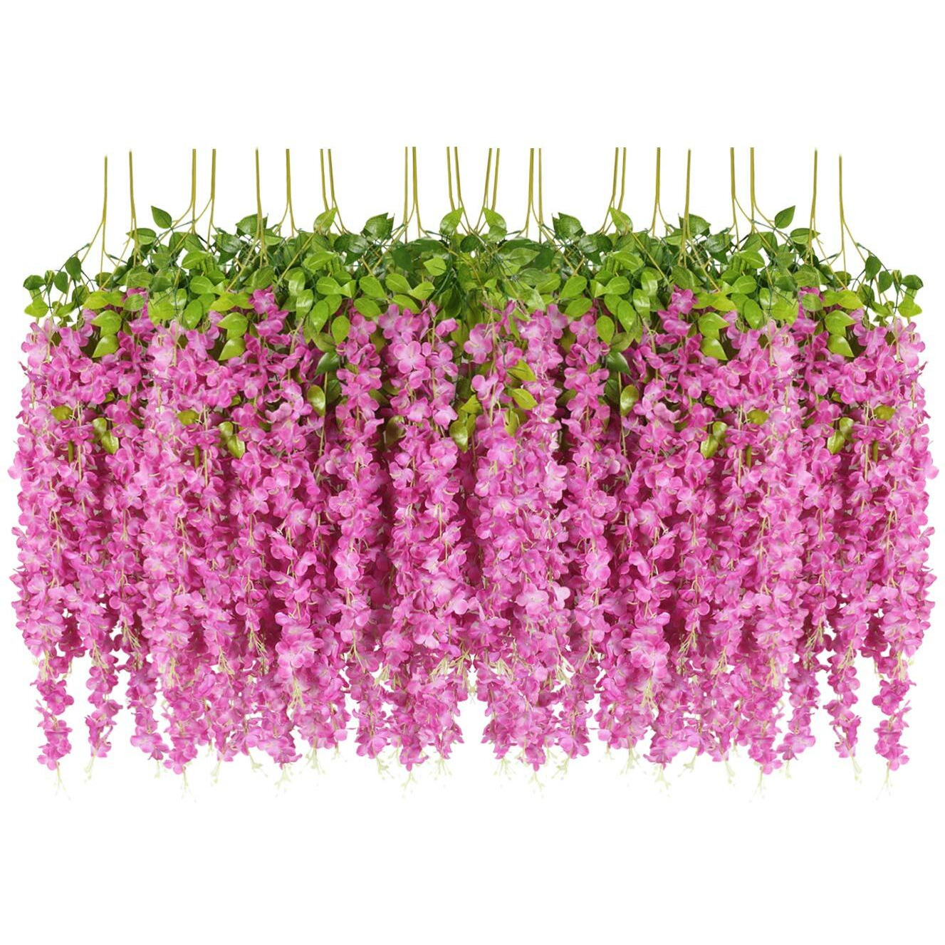 Pauwer 6 Pack 21.6 Feet Artificial Wisteria Vine Ratta Fake Wisteria Hanging Garland Silk Long Hanging Bush Flowers String Home Party Wedding Decor (6 Pack, Fuchsia)