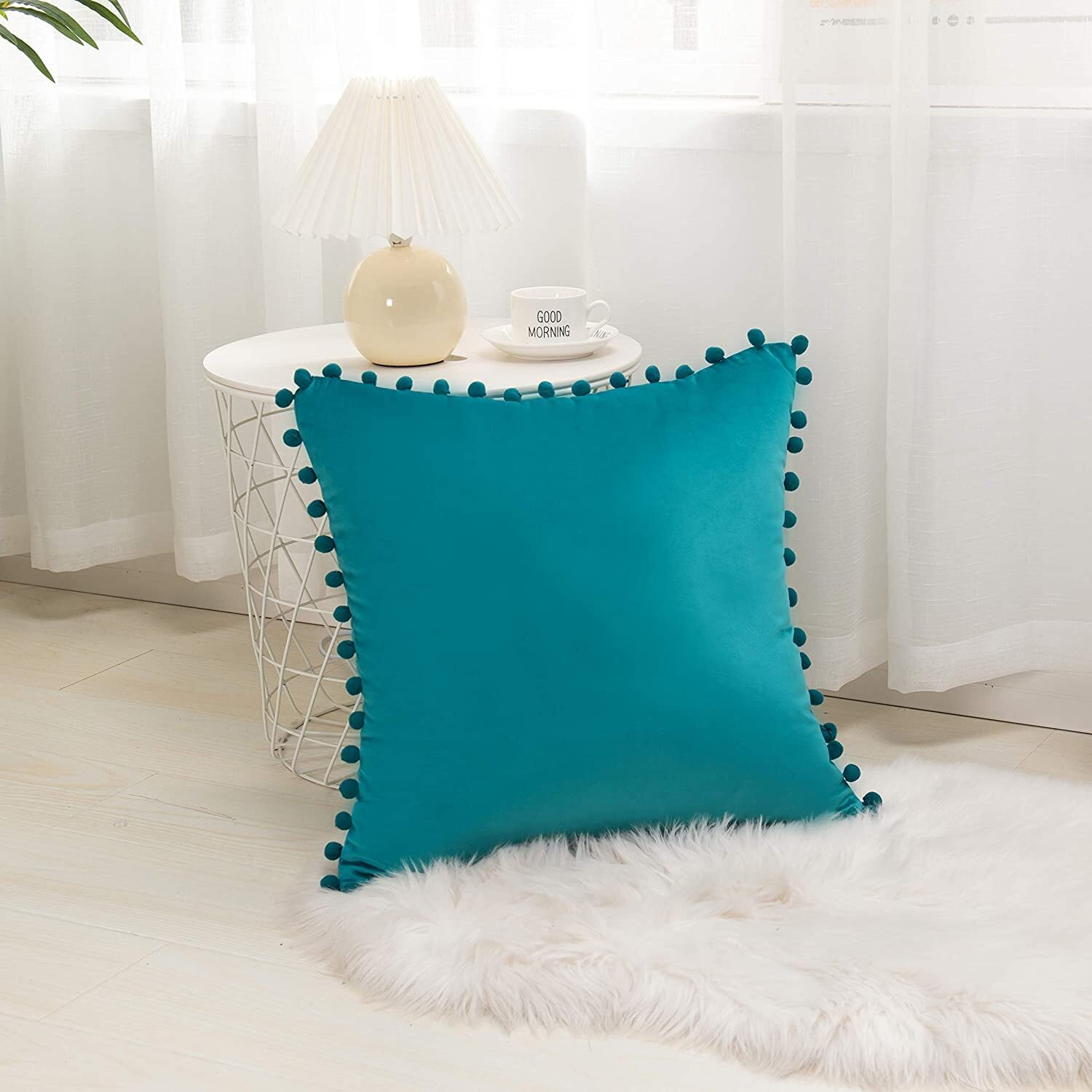 Amazon Brand  Umi Velvet Pompom Cushion Cover 20x20 Inch - Set of 2 Large Square Throw Pillow Covers for Sofa Living Room or Home Decor in Teal Color