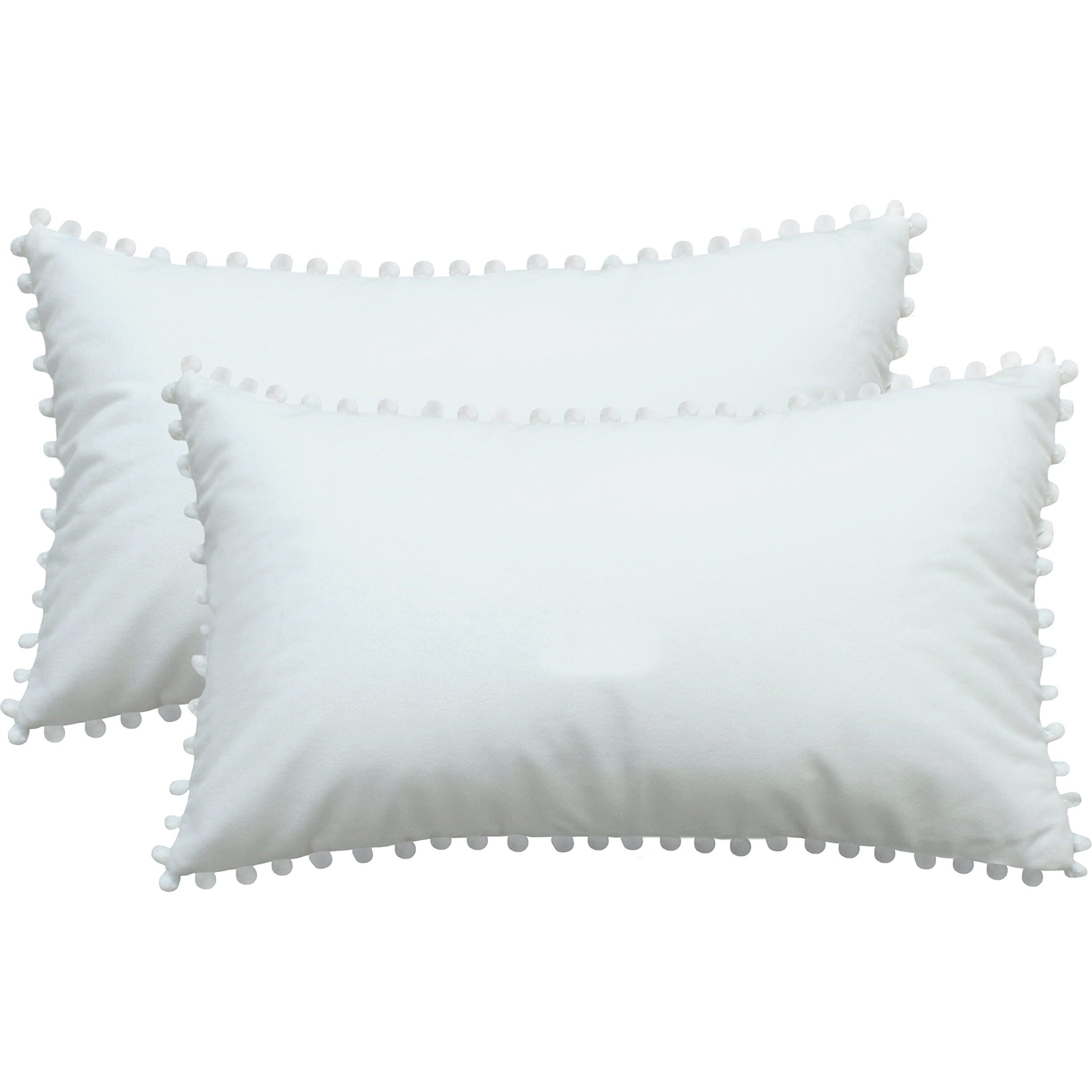 Amazon Brand  Umi Velvet Pompom Cushion Cover 12x20 Inch - Set of 2 Large Square Throw Pillow Covers for Sofa Living Room or Home Decor in White Color