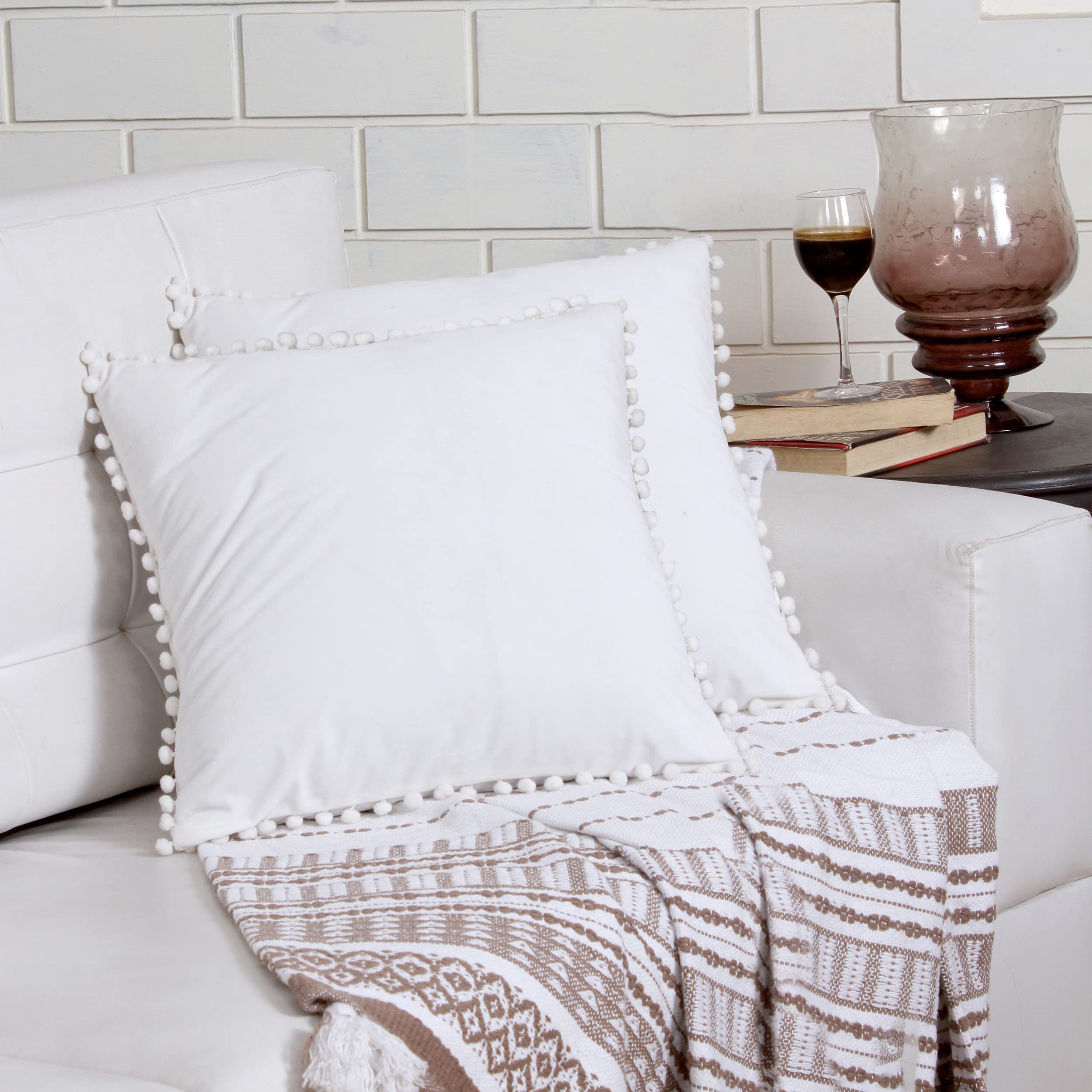 Amazon Brand  Umi Velvet Pompom Cushion Cover 20x20 Inch - Set of 2 Large Square Throw Pillow Covers for Sofa Living Room or Home Decor in White Color