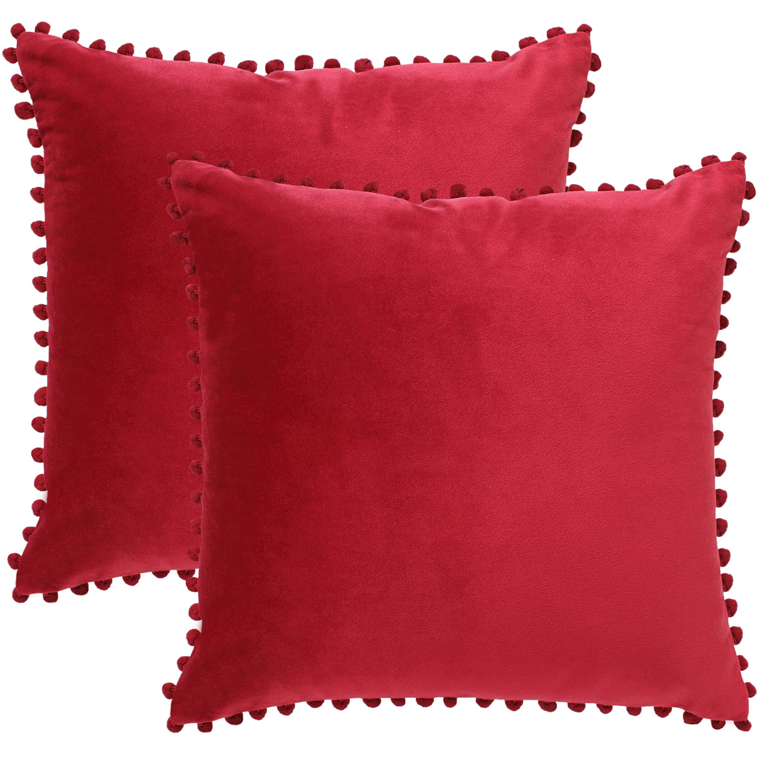 Amazon Brand  Umi Velvet Pompom Cushion Cover 18x18 Inch - Set of 2 Large Square Throw Pillow Covers for Sofa Living Room or Home Decor in Red Color