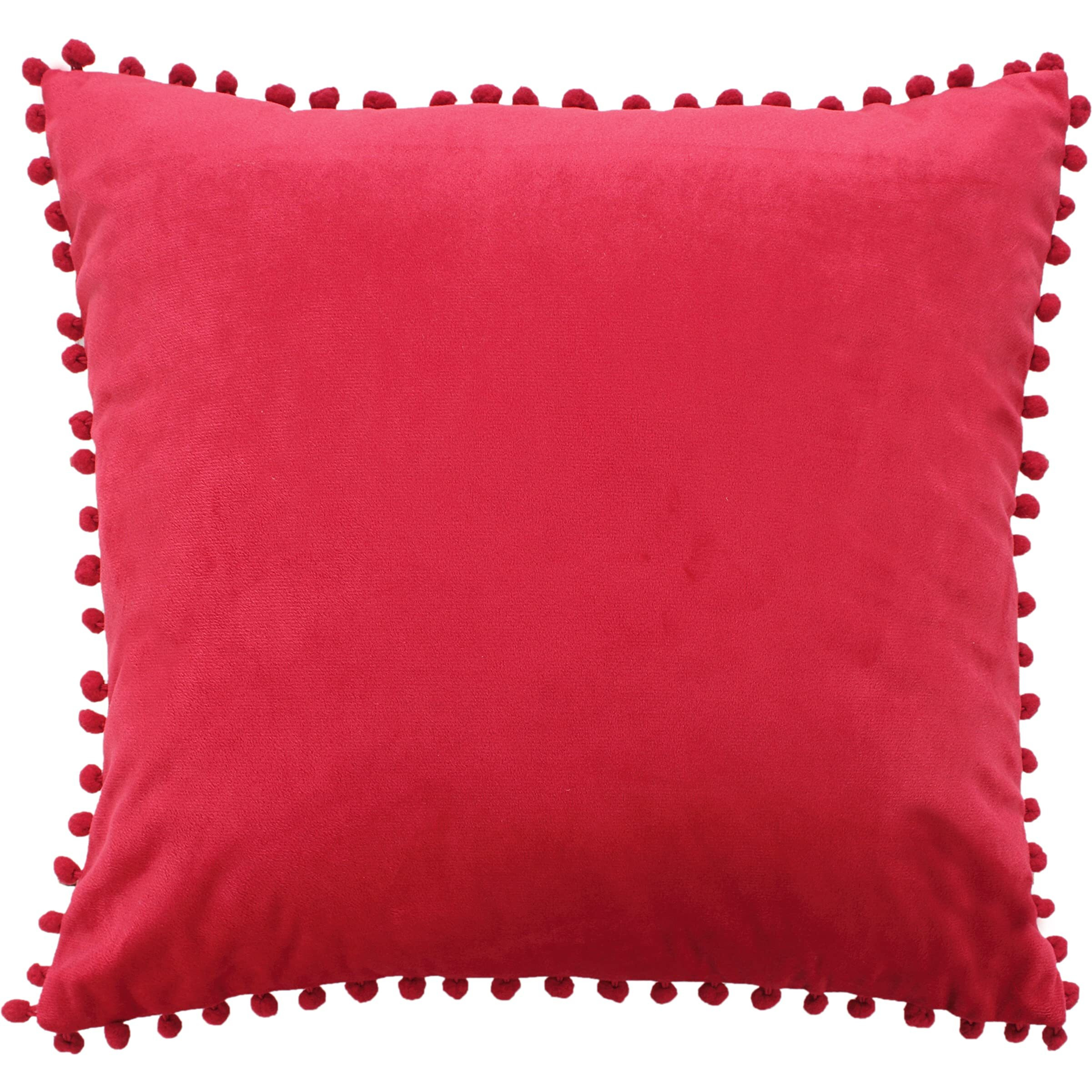 Amazon Brand  Umi Velvet Pompom Cushion Cover 18x18 Inch - Set of 2 Large Square Throw Pillow Covers for Sofa Living Room or Home Decor in Red Color