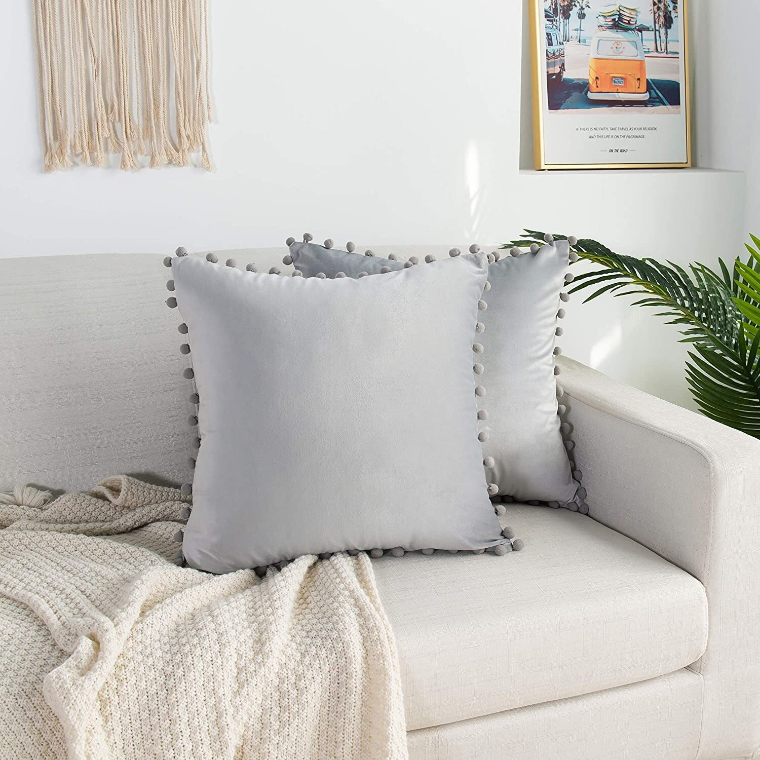 Amazon Brand  Umi Velvet Pompom Cushion Cover 16x16 Inch - Set of 2 Large Square Throw Pillow Covers for Sofa Living Room or Home Decor in Silver Color