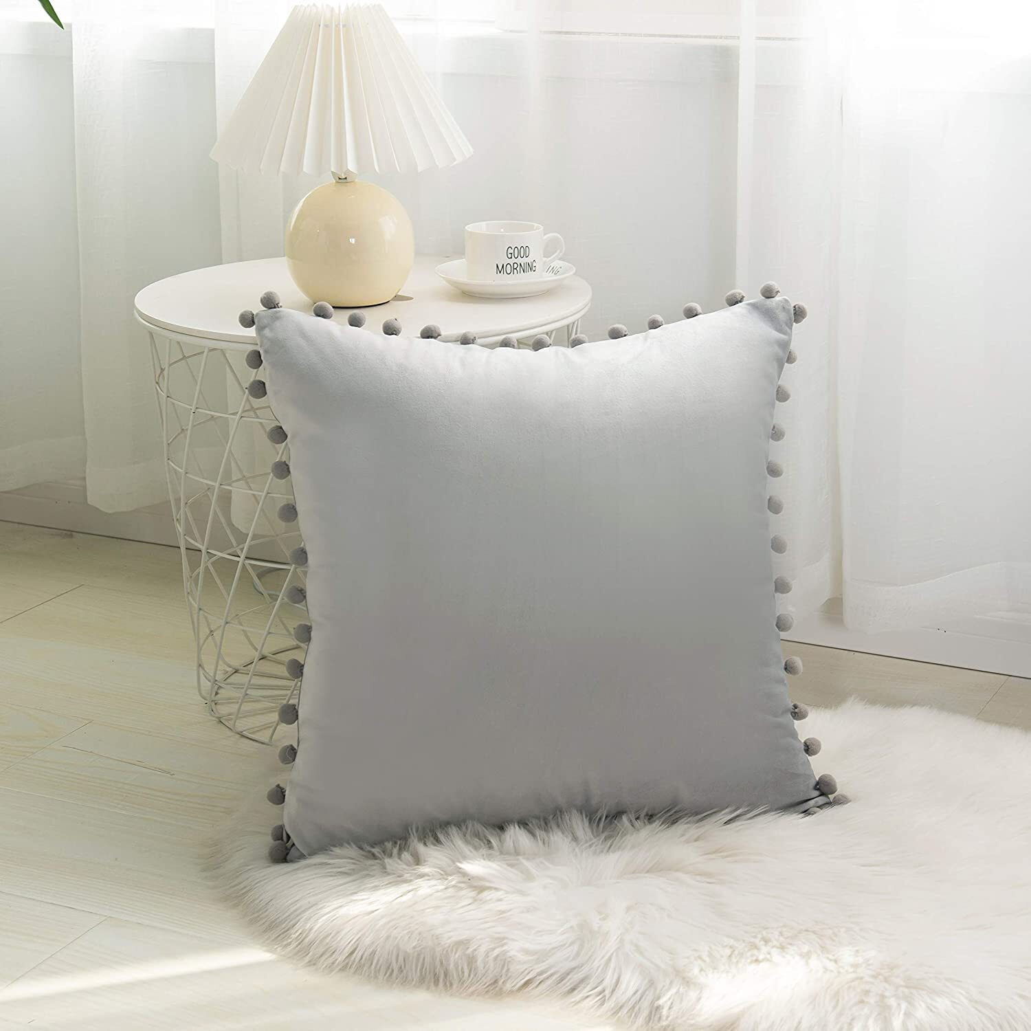 Amazon Brand  Umi Velvet Pompom Cushion Cover 16x16 Inch - Set of 2 Large Square Throw Pillow Covers for Sofa Living Room or Home Decor in Silver Color