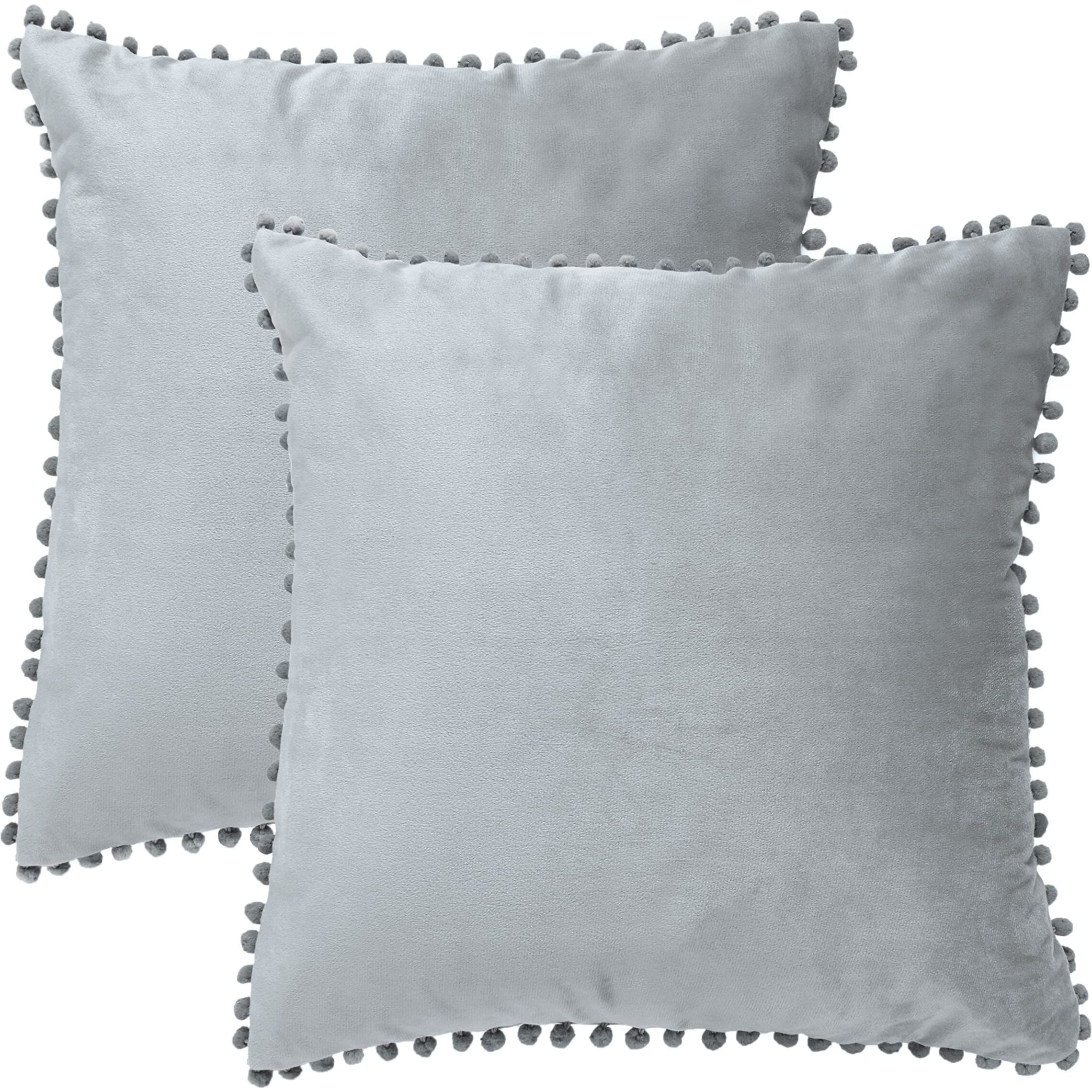 Amazon Brand  Umi Velvet Pompom Cushion Cover 16x16 Inch - Set of 2 Large Square Throw Pillow Covers for Sofa Living Room or Home Decor in Silver Color