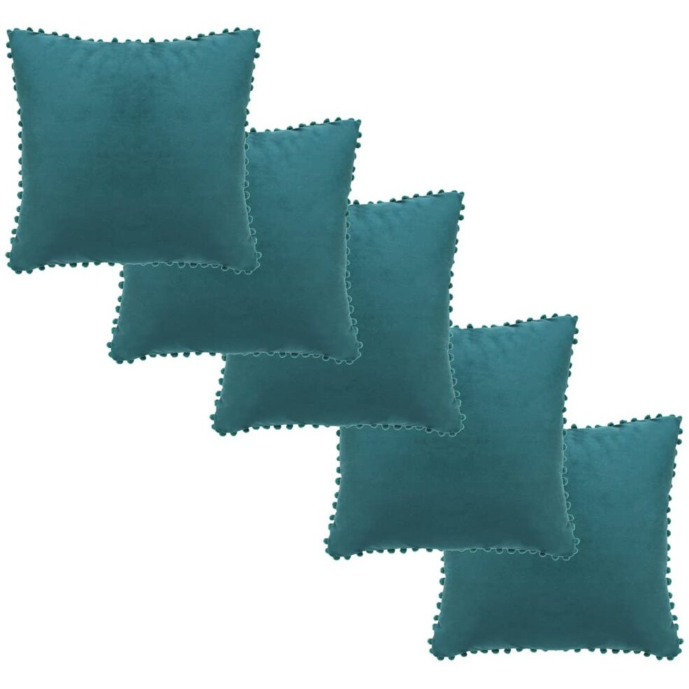 Amazon Brand  Umi Velvet Pompom Cushion Cover 16x16 Inch - Set of 5 Large Square Throw Pillow Covers for Sofa Living Room or Home Decor in Deep Teal Color