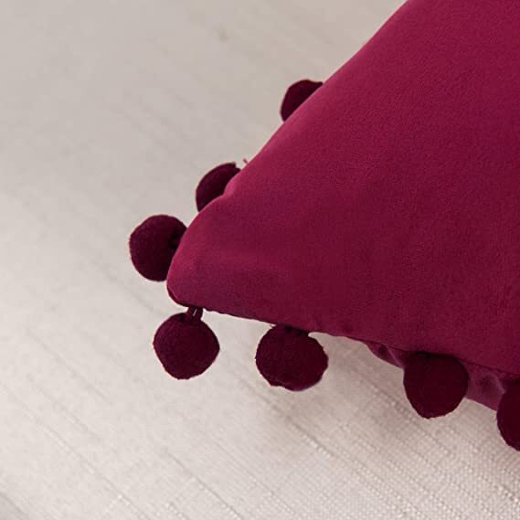Amazon Brand  Umi Velvet Pompom Cushion Cover 20x20 Inch - Set of 2 Large Square Throw Pillow Covers for Sofa Living Room or Home Decor in Wine Color