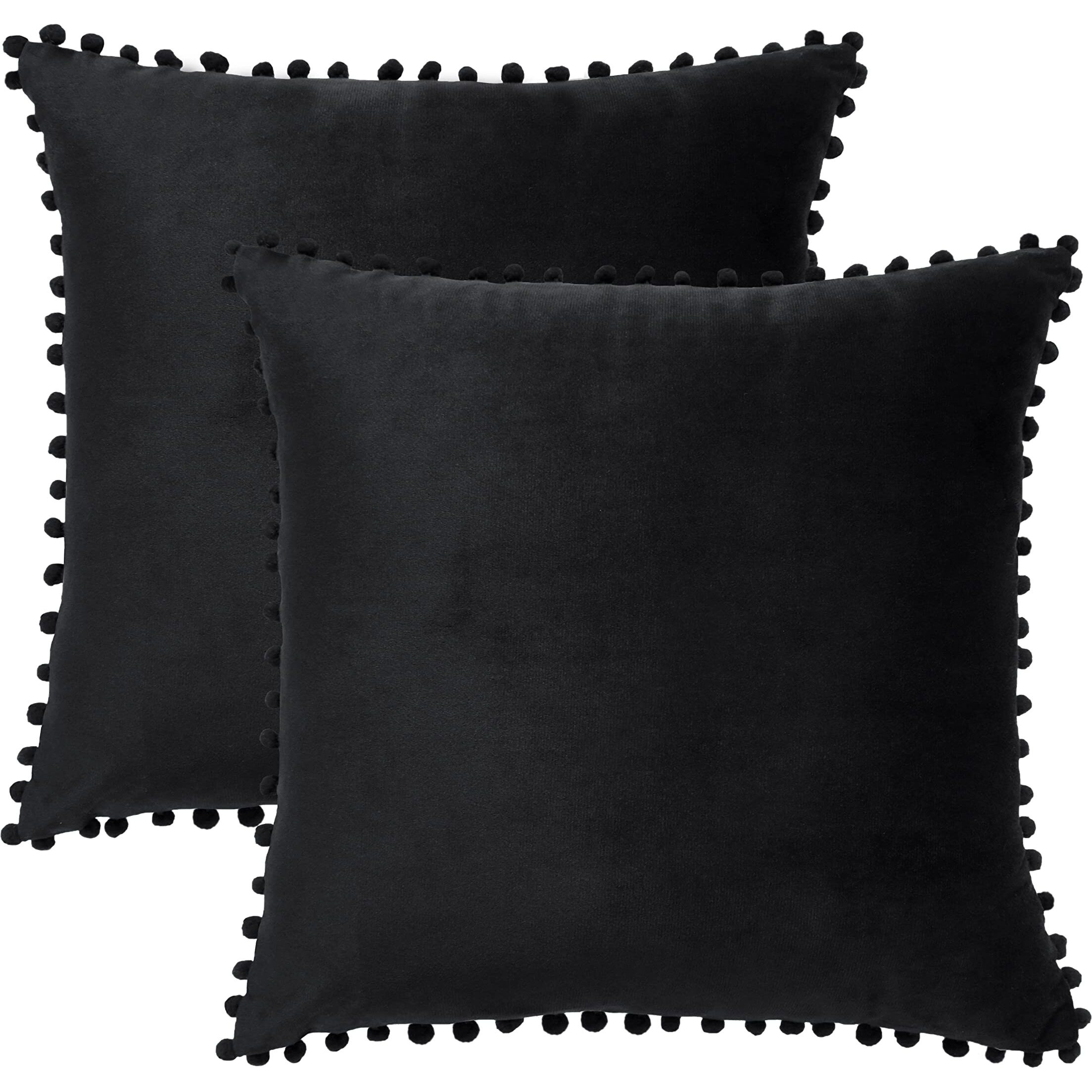 Amazon Brand  Umi Velvet Pompom Cushion Cover 22x22 Inch - Set of 2 Large Square Throw Pillow Covers for Sofa Living Room or Home Decor in Black Color