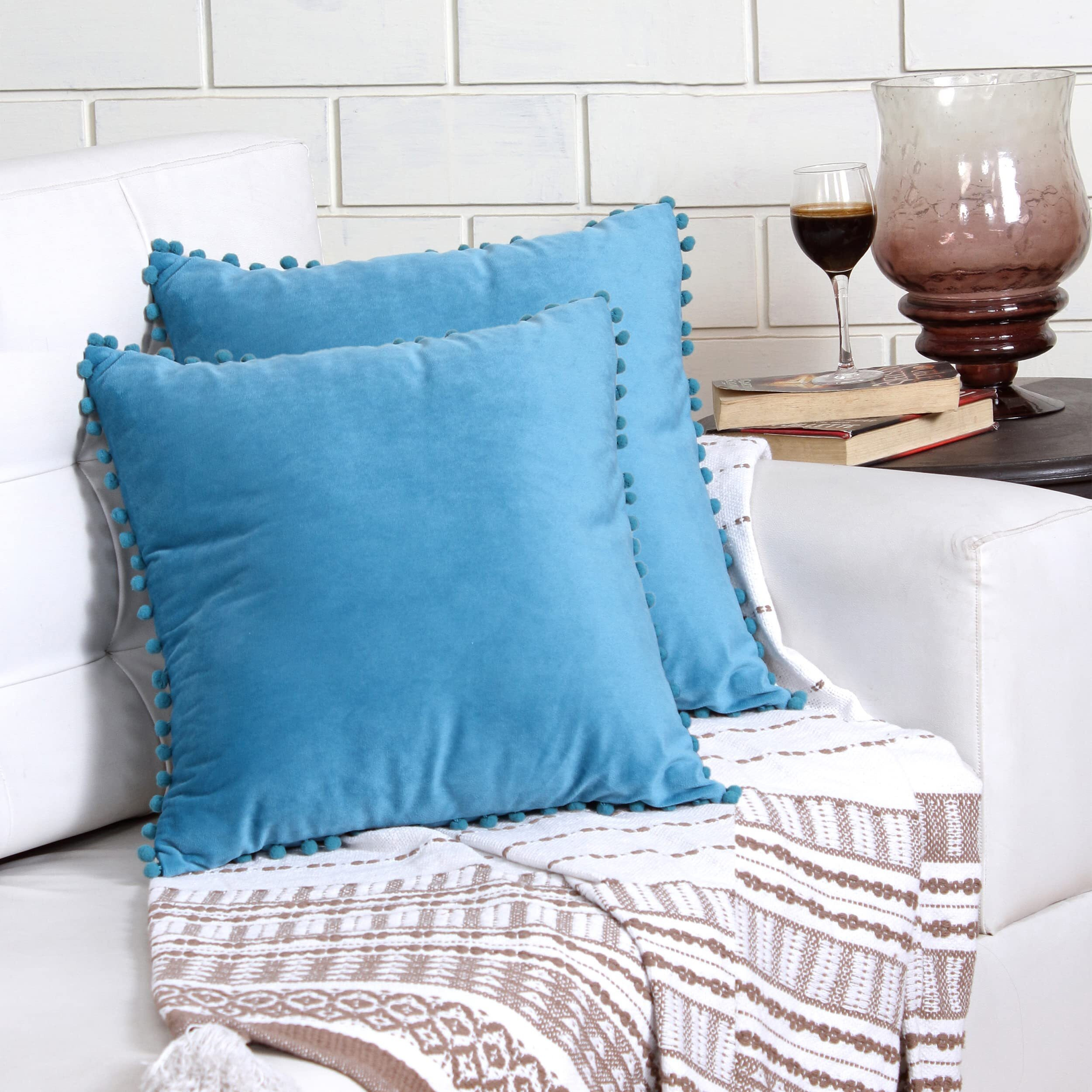 Amazon Brand  Umi Velvet Pompom Cushion Cover 24x24 Inch - Set of 2 Large Square Throw Pillow Covers for Sofa Living Room or Home Decor in Teal Color