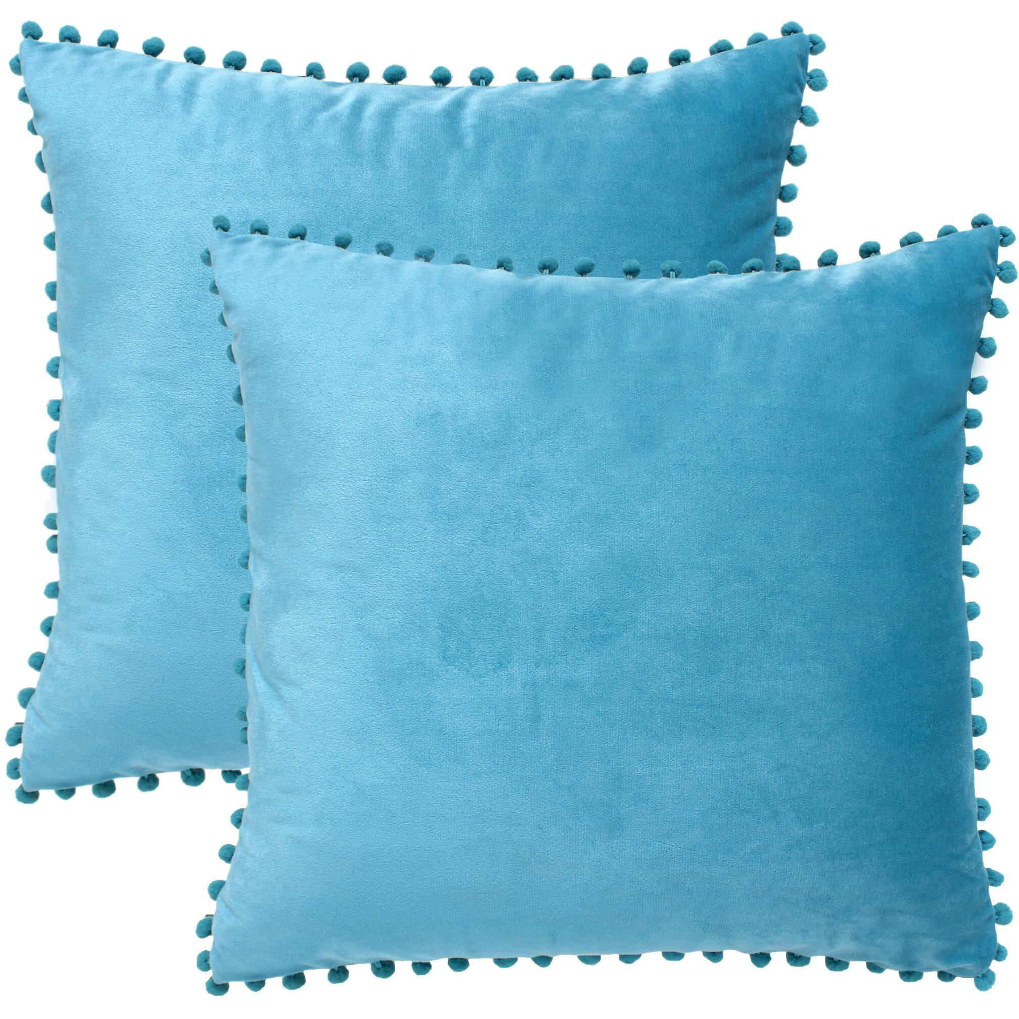 Amazon Brand  Umi Velvet Pompom Cushion Cover 24x24 Inch - Set of 2 Large Square Throw Pillow Covers for Sofa Living Room or Home Decor in Teal Color