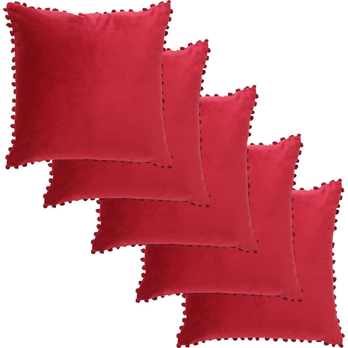 Amazon Brand  Umi Velvet Pompom Cushion Cover 16x16 Inch - Set of 5 Large Square Throw Pillow Covers for Sofa Living Room or Home Decor in Wine Color