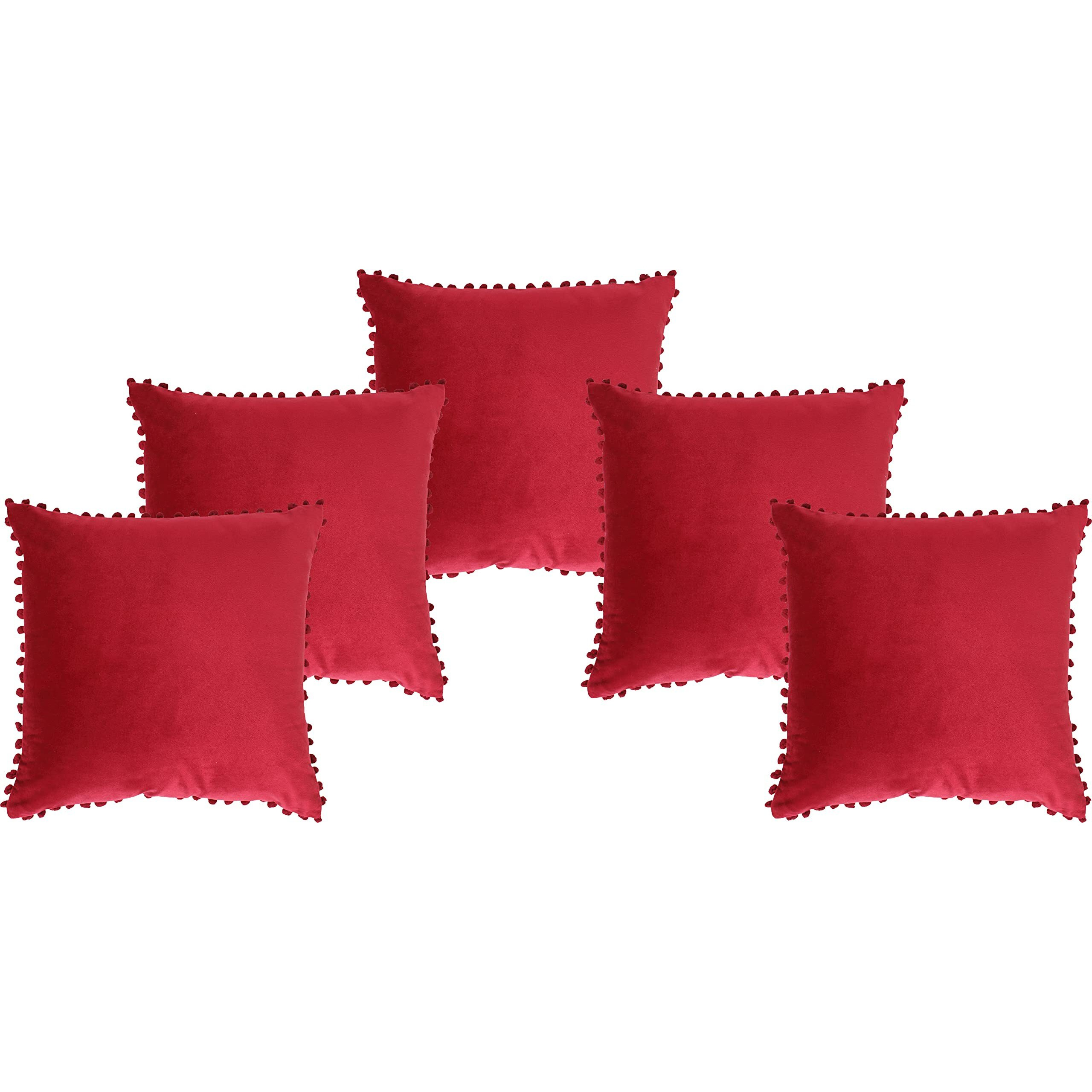 Amazon Brand  Umi Velvet Pompom Cushion Cover 16x16 Inch - Set of 5 Large Square Throw Pillow Covers for Sofa Living Room or Home Decor in Wine Color