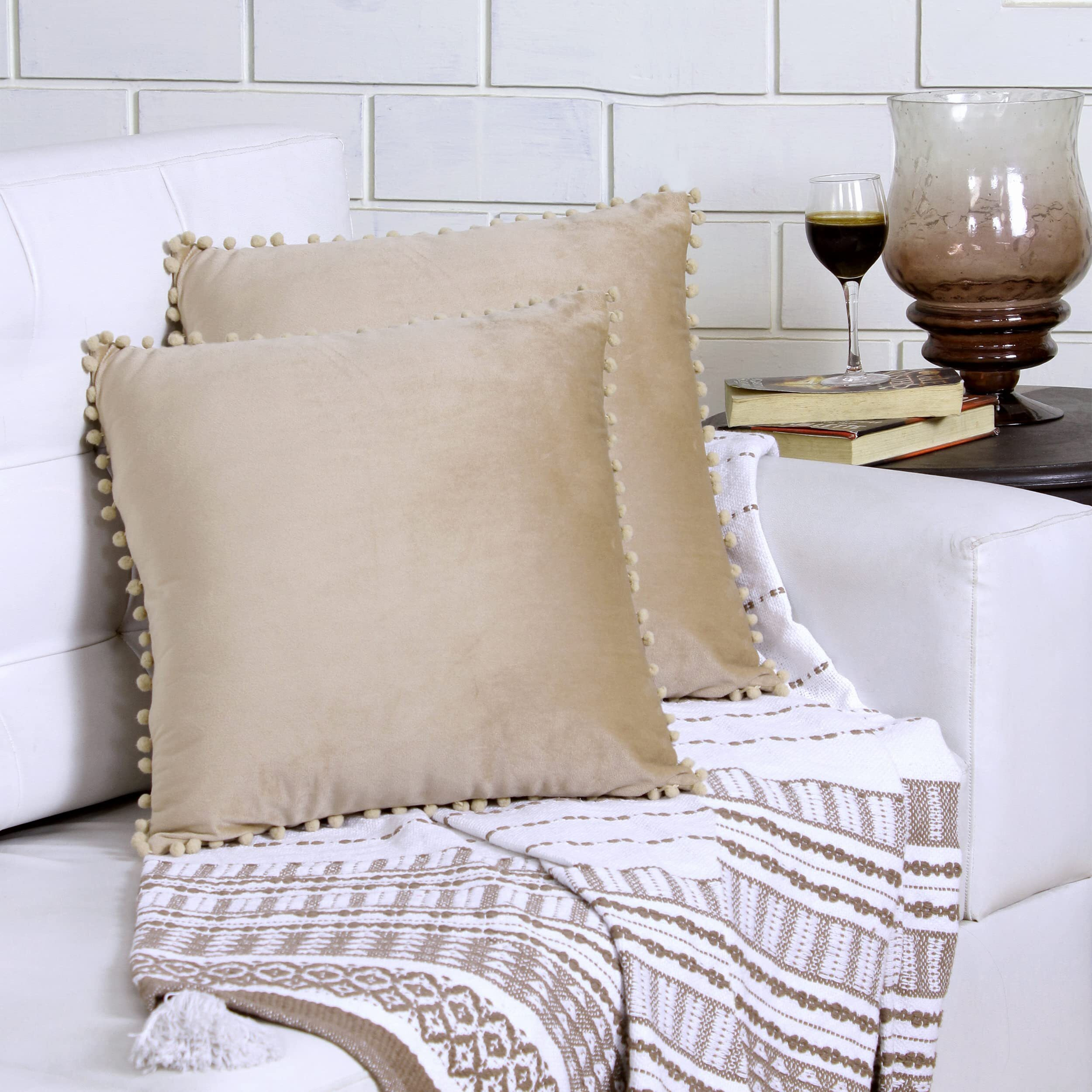 Amazon Brand  Umi Velvet Pompom Cushion Cover 24x24 Inch - Set of 2 Large Square Throw Pillow Covers for Sofa Living Room or Home Decor in Beige Color