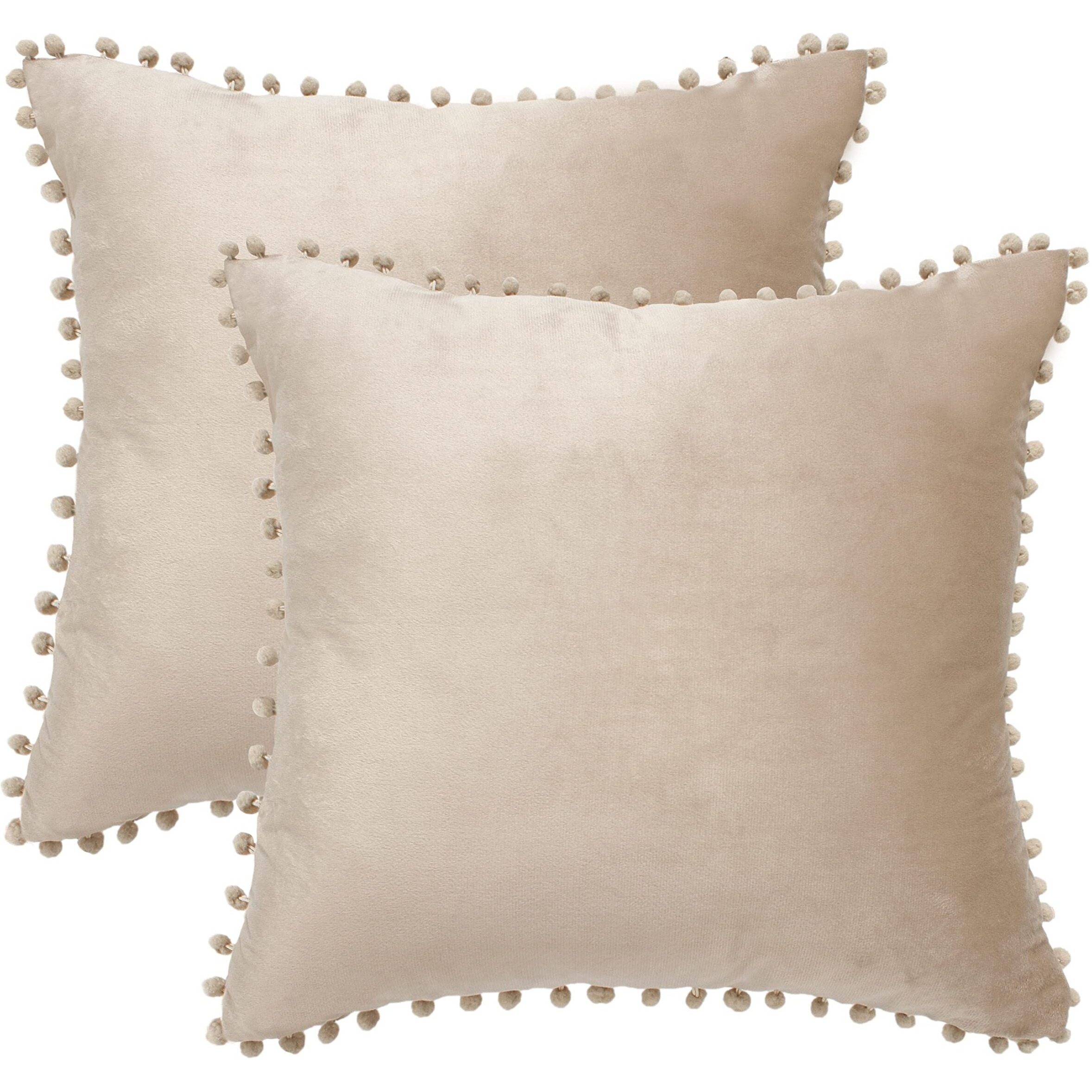 Amazon Brand  Umi Velvet Pompom Cushion Cover 24x24 Inch - Set of 2 Large Square Throw Pillow Covers for Sofa Living Room or Home Decor in Beige Color
