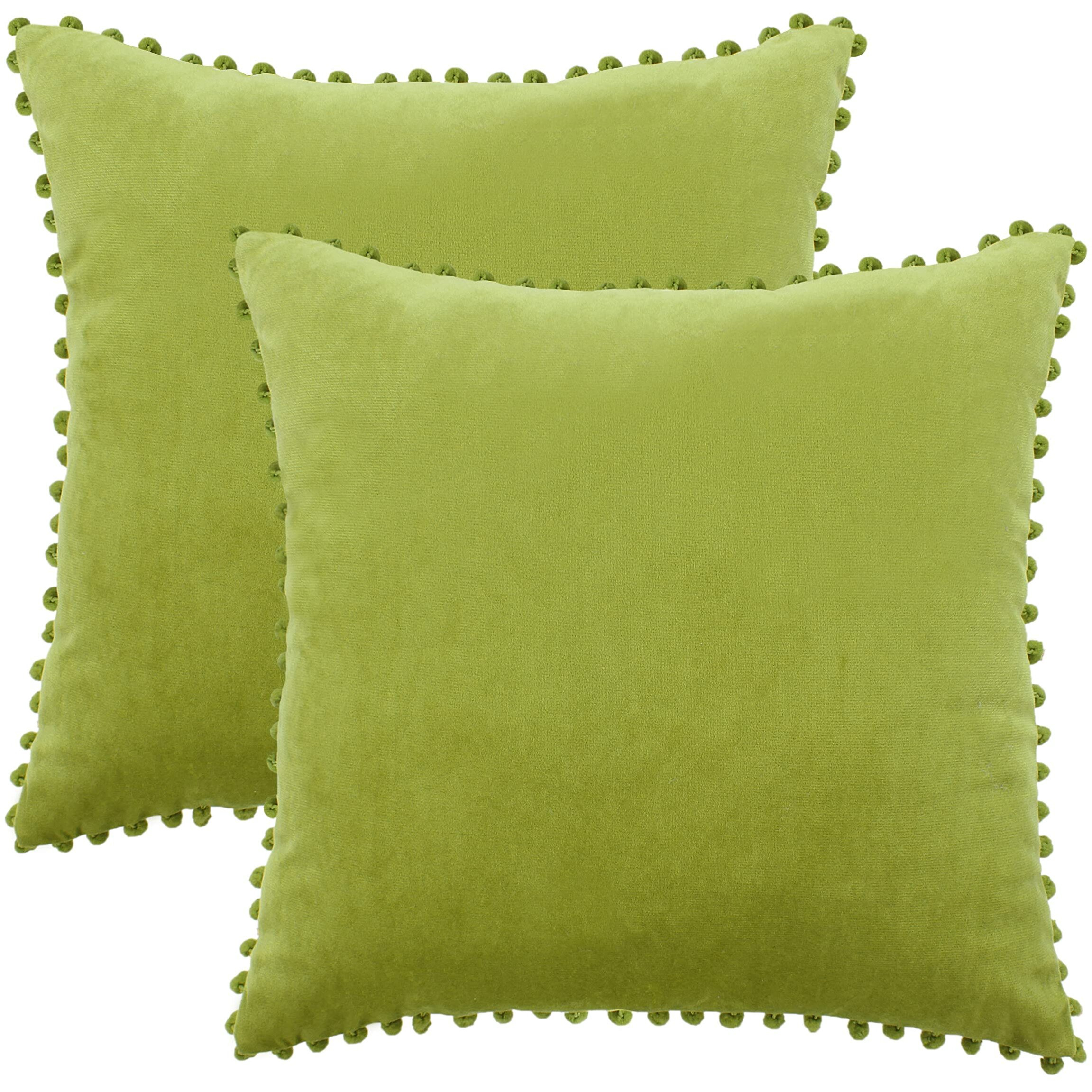 Amazon Brand  Umi Velvet Pompom Cushion Cover 20x20 Inch - Set of 2 Large Square Throw Pillow Covers for Sofa Living Room or Home Decor in Green Color