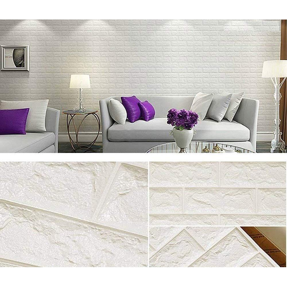 Lukzer 4 PC Brick Wallpaper Self- Adhesive 3D Foam Wall Sticker for Living Room Office Home Cafe Hotel Bedroom Balcony Decor (Thickness 8MM, White, 70 X 77 cm)