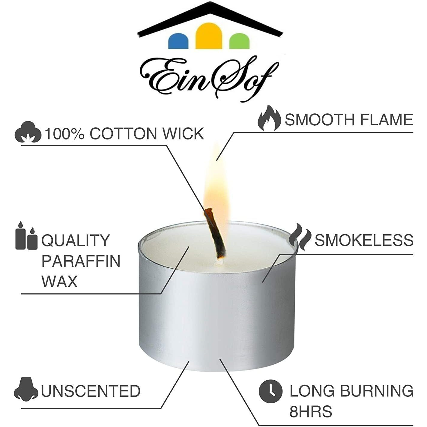 EIN SOF Tea Lights Candle Set of 100 - White Unscented 9 Hour Burn Time Tealights, Pure Paraffin Wax Jumbo Size Home Decor Candles (3.6cmx2.7cm)