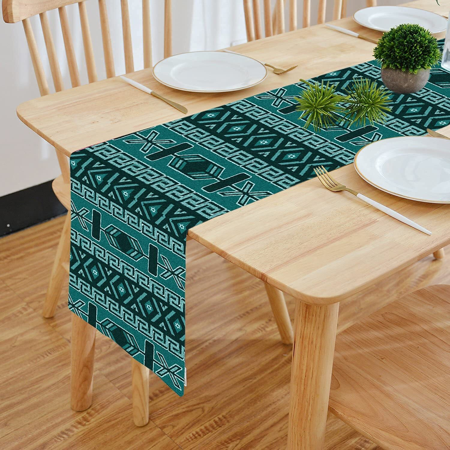 HOMADORN Cotton Feel Multicolor Modern Patterns Digital Printed Double Layered Enhanced Decor 4 Seater Table Runner Cloth (TR-45, 13 INCHES X 60 INCHES)