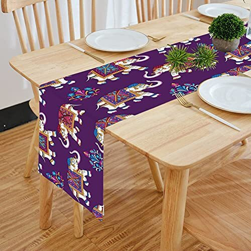 HOMADORN Cotton Feel Fabric Multicolor Clover Design Digital Printed Double Layered Enhanced Decor 4 Seater Table Runner Cloth (TR-32, 13 INCHES X 60 INCHES)