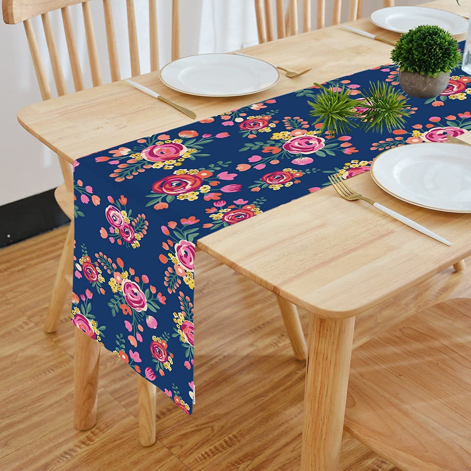 HOMADORN Cotton Feel Fabric Multicolor Clover Design Digital Printed Double Layered Enhanced Decor 6 Seater Table Runner Cloth (TR-37, 13 INCHES X 72 INCHES)