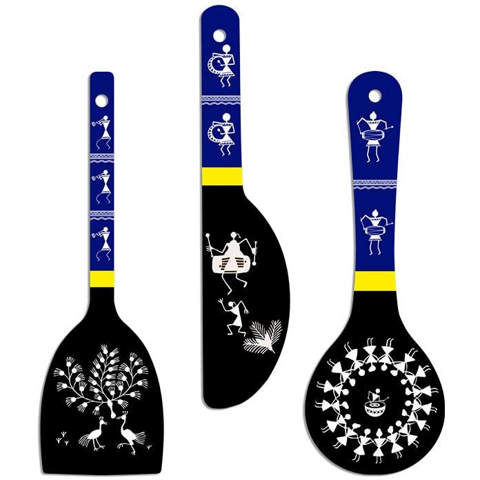 Artvibes Warli Art Wooden Wall Hanger Spoons for Home | Office | Living Room | Gift | Modern Decoration Items | Kitchen Wall Decor | Home Decor Hanging Items (WH_5018N), Set of 3