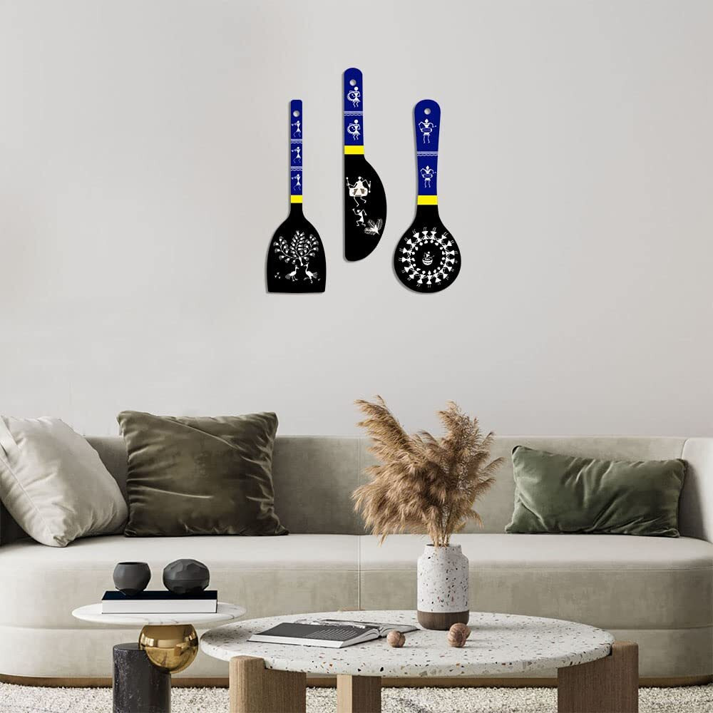 Artvibes Warli Art Wooden Wall Hanger Spoons for Home | Office | Living Room | Gift | Modern Decoration Items | Kitchen Wall Decor | Home Decor Hanging Items (WH_5018N), Set of 3