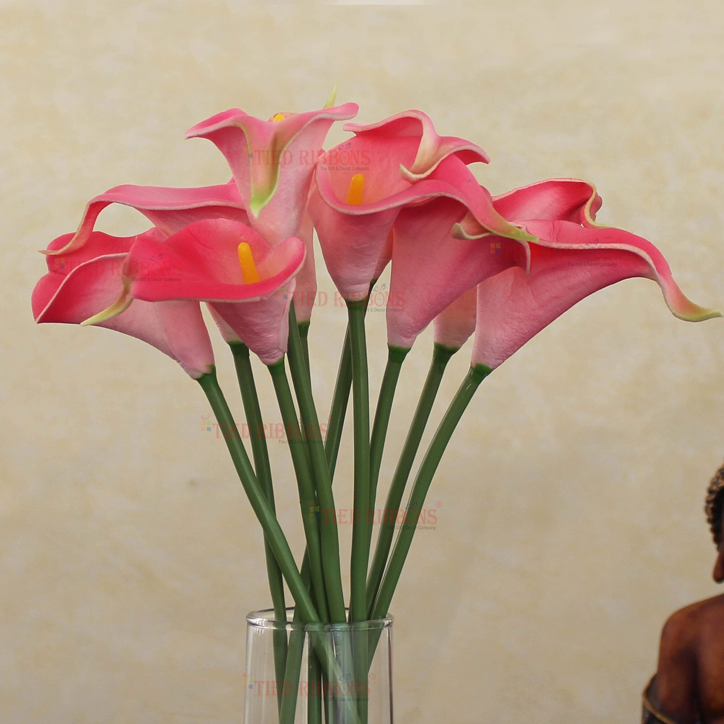 TIED RIBBONS 10 Pcs Artificial Calla Lily Flowers Bunch for Vase and Flower Pots (33 cm Each, Pink) - Home Decor Item for Living Room Centerpiece Table Decorations (Pot Not Included) Silk